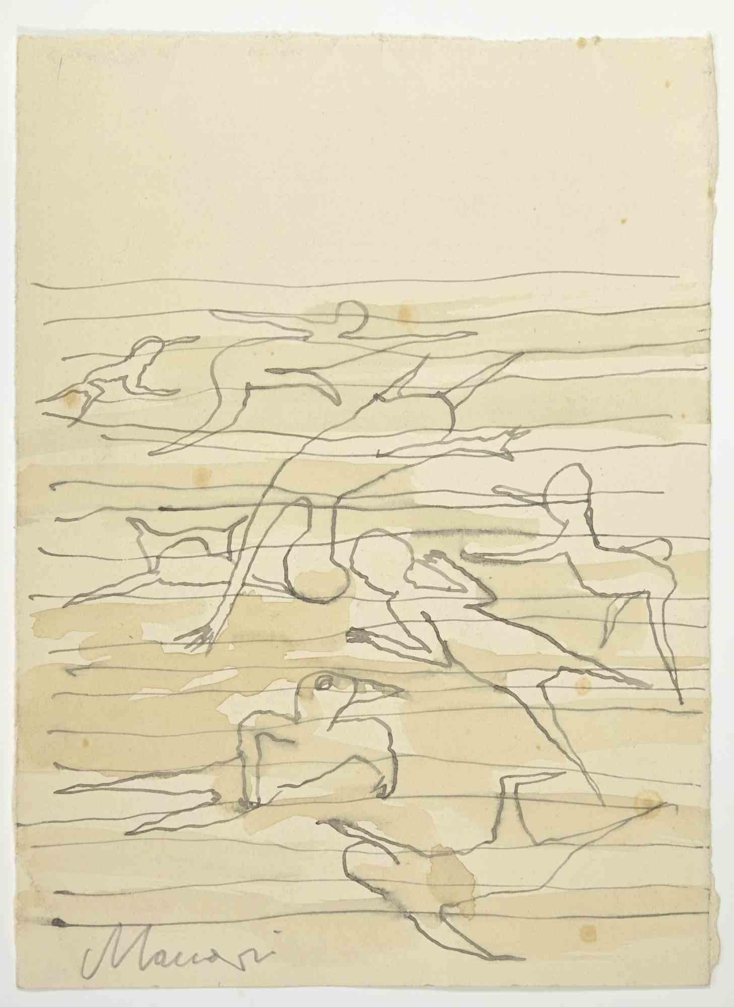 Swimmers is a China ink and watercolor Drawing realized by Mino Maccari  (1924-1989) in the 1960s.

Hand-signed on the lower.

Good condition with slight foxing.

Mino Maccari (Siena, 1924-Rome, June 16, 1989) was an Italian writer, painter,