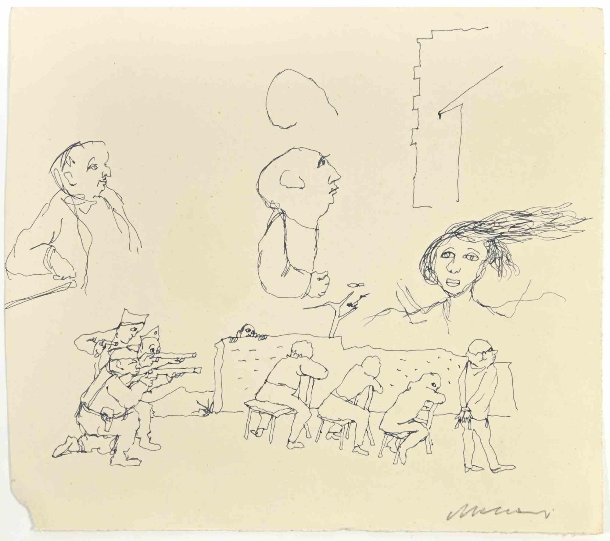 Shooting is a pen Drawing realized by Mino Maccari  (1924-1989) in the 1960s.

Hand-signed on the lower.

Good conditions with a small missing piece on the lower left margin.

Mino Maccari (Siena, 1924-Rome, June 16, 1989) was an Italian writer,