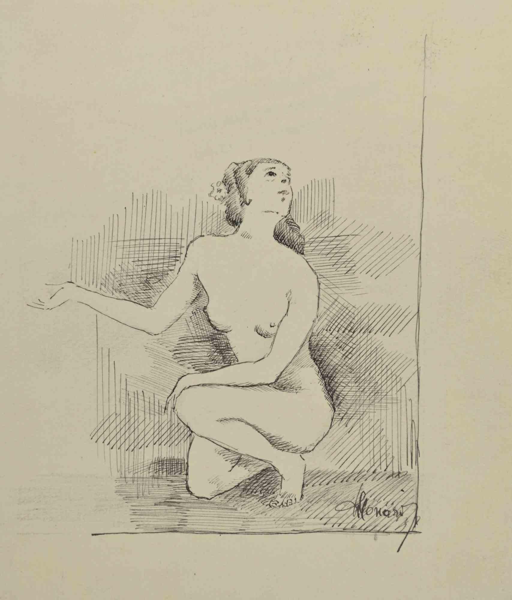Nude is a Drawing in china ink realized by Augusto Monari in the Early-20th Century.

Hand-signed on the lower.

Good conditions, including a creamy-colored Passepartout.

The artwork is depicted through confident strokes in a well-balanced