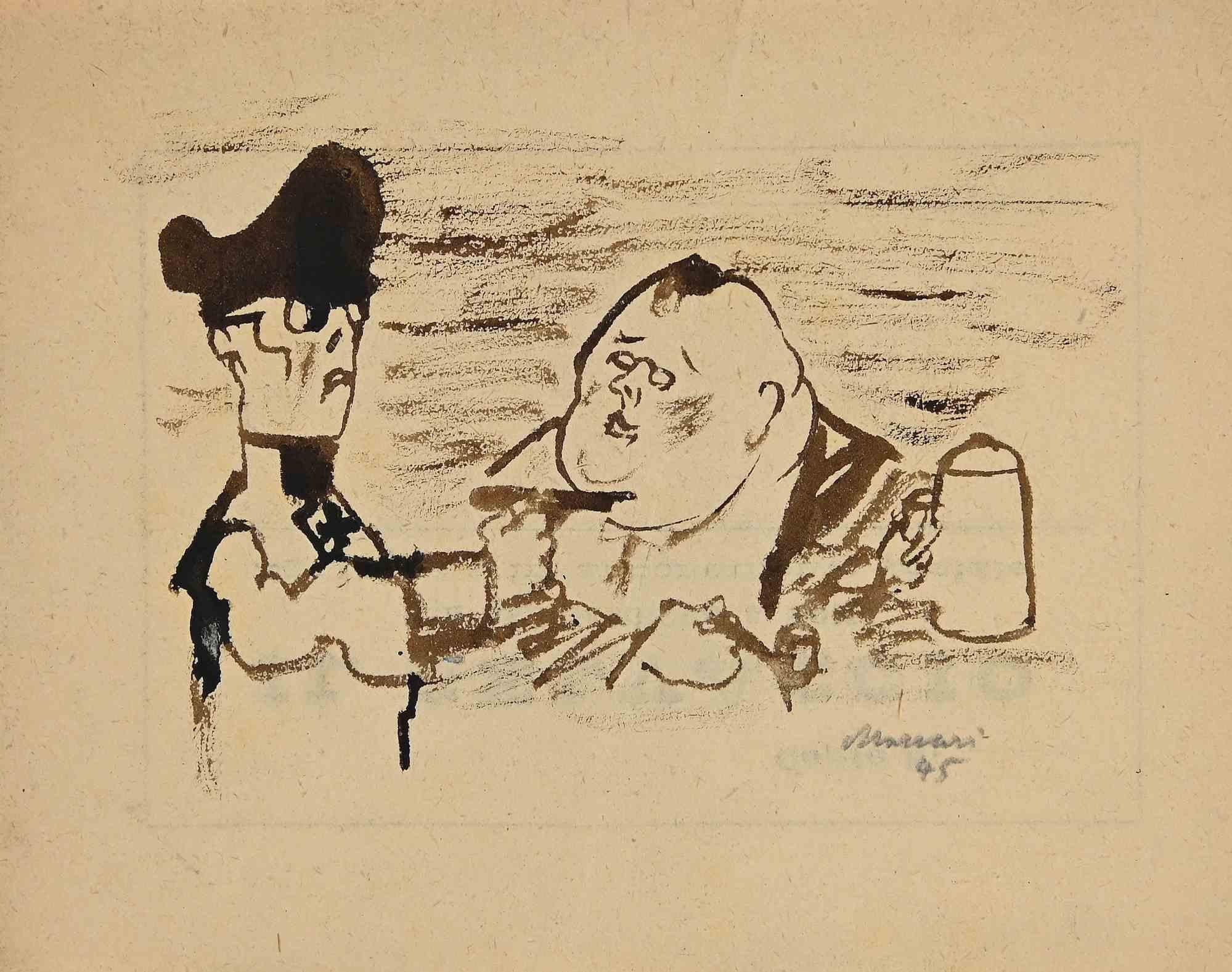 The German in the Brewery - Drawing by Mino Maccari - 1945