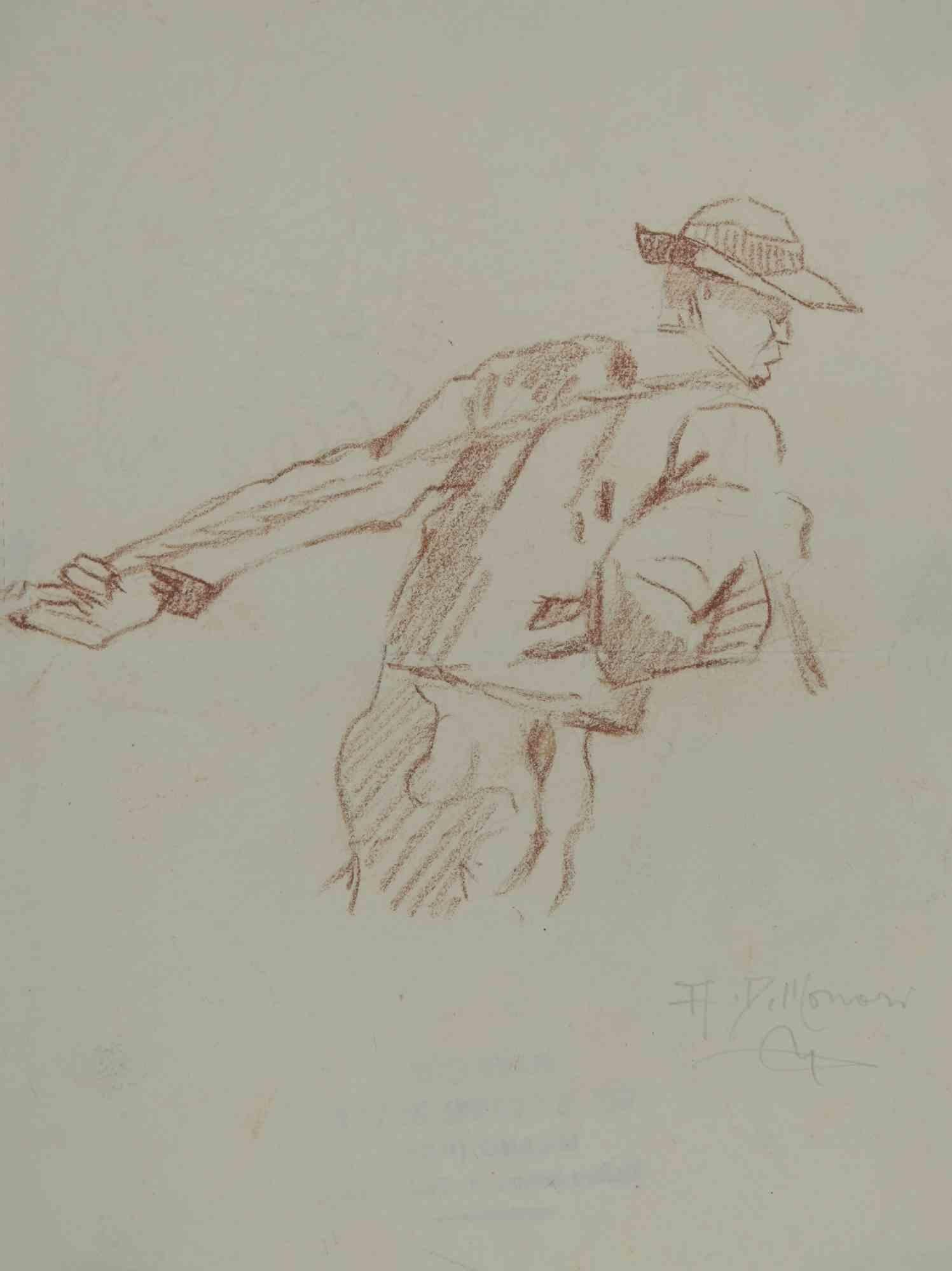 Peasant is a Drawing in pencil realized by  Augusto Monari in the Early-20th Century.

Hand-signed on the lower.

Good conditions, including an ivory-colored Passepartout.

The artwork is depicted through confident strokes in a well-balanced