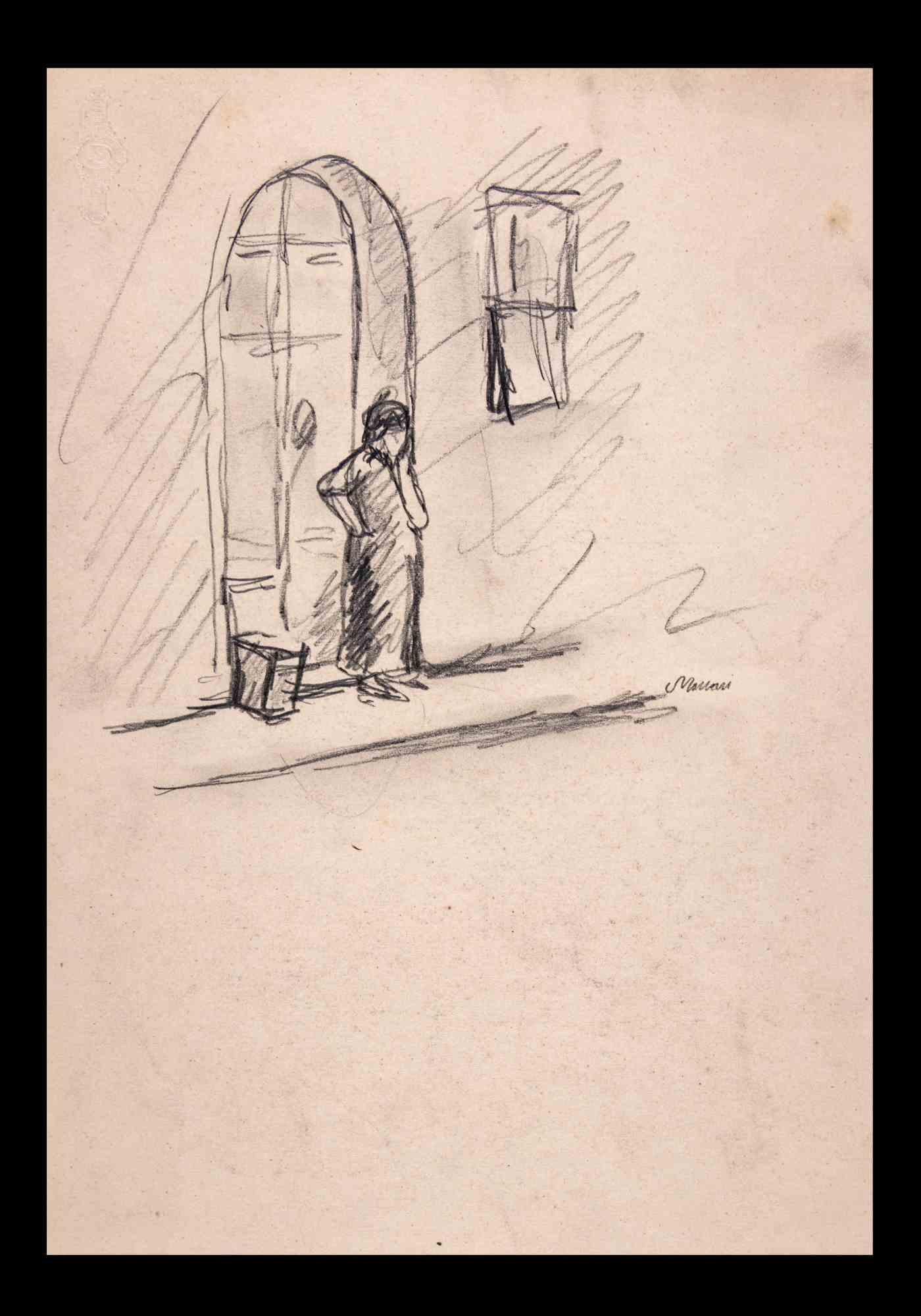 Tuscany on the Doorstep is a Pencil Drawing realized by Mino Maccari  (1924-1989) in 1950s.

Hand signed and titled on the lower margin.

Good condition on a yellowed cardboard.

Mino Maccari (Siena, 1924-Rome, June 16, 1989) was an Italian writer,