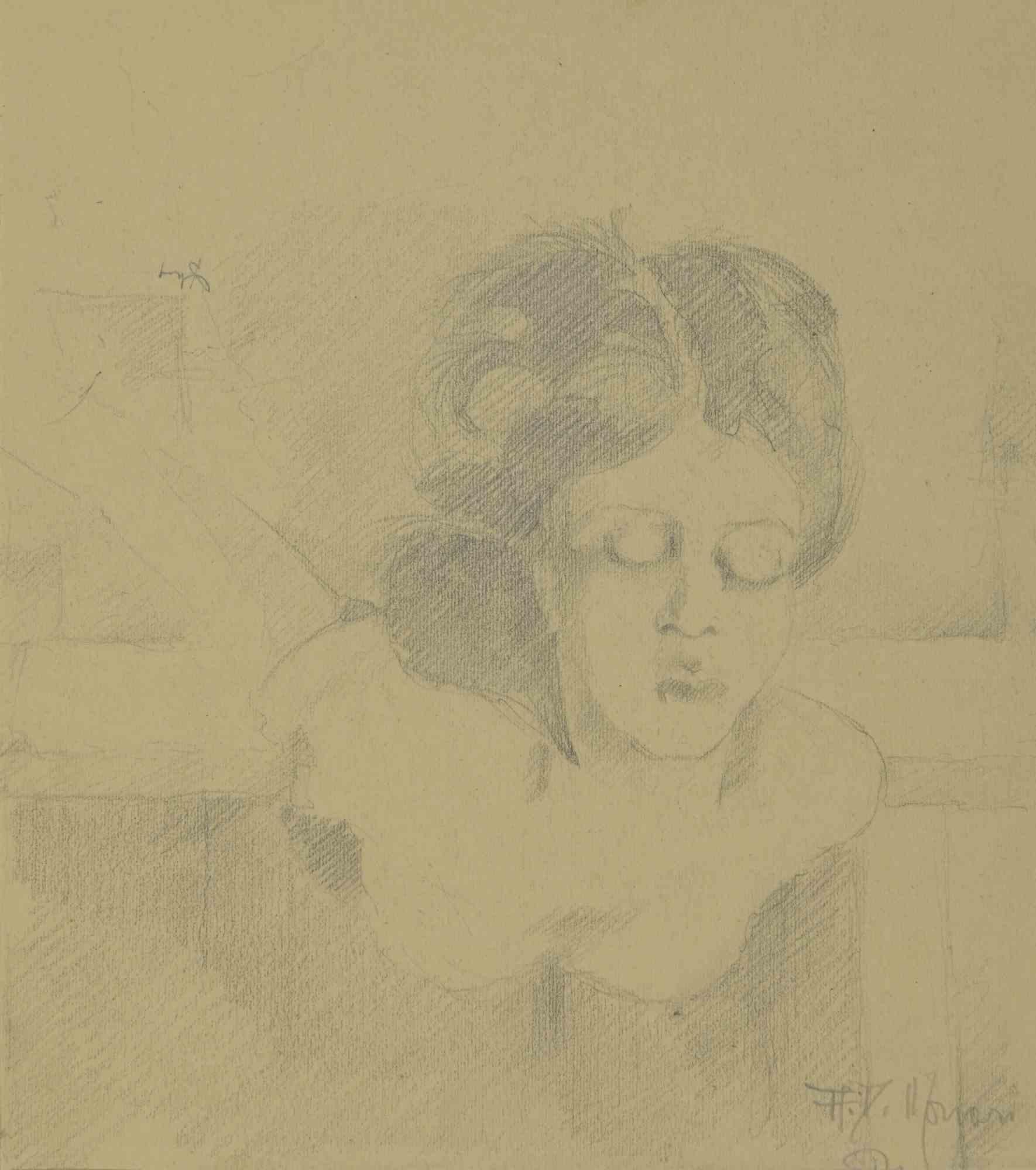 Portrait is a Drawing in pencil realized by  Augusto Monari in the Early-20th Century.

Hand-signed on the lower.

Good conditions, including a creamy-colored Passepartout.

The artwork is depicted through confident strokes in a well-balanced