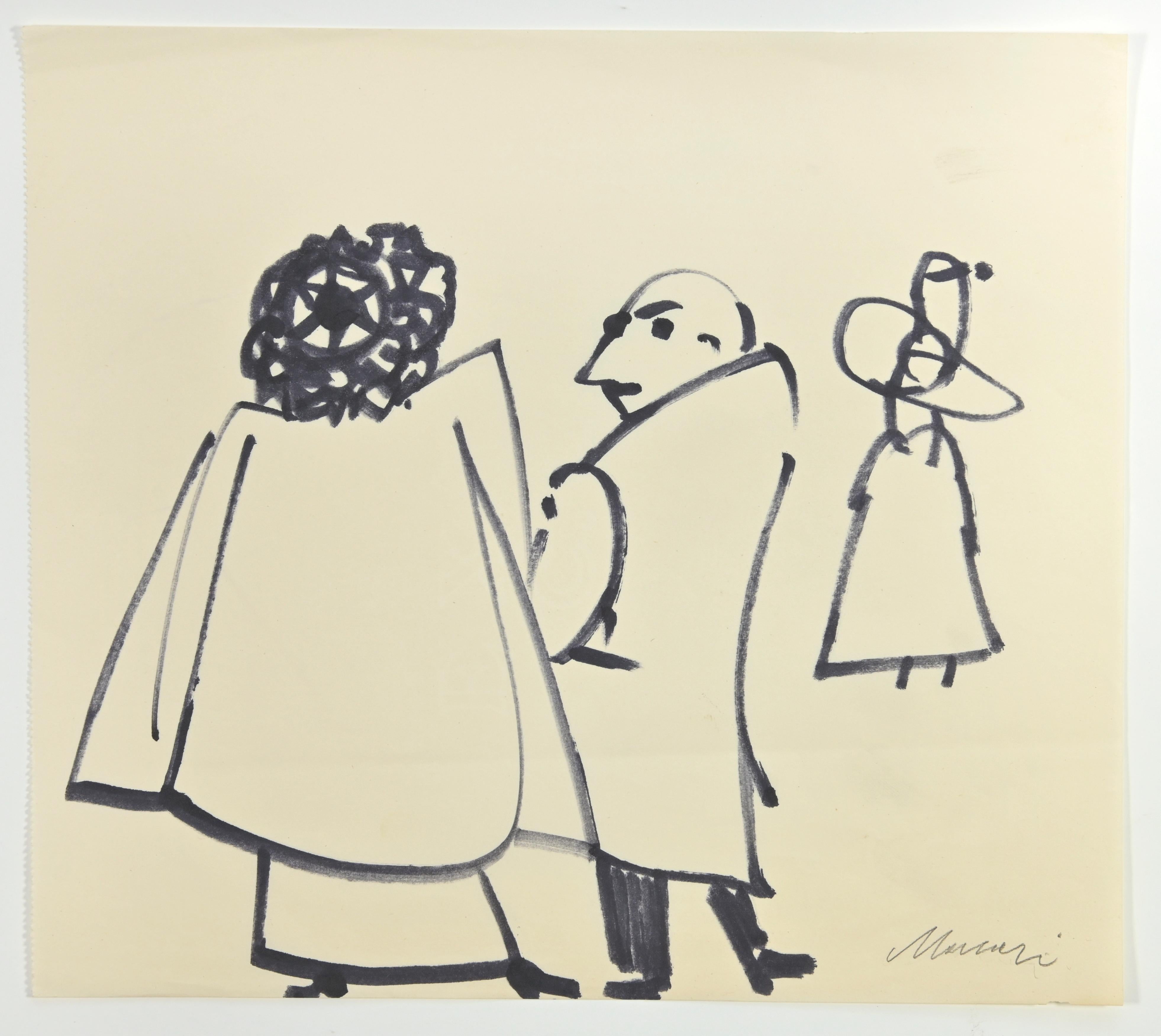 Figures is a black marker Drawing realized by Mino Maccari  (1924-1989) in the 1960s.

Hand-signed on the lower.

Good conditions.

Mino Maccari (Siena, 1924-Rome, June 16, 1989) was an Italian writer, painter, engraver and journalist, winner of the