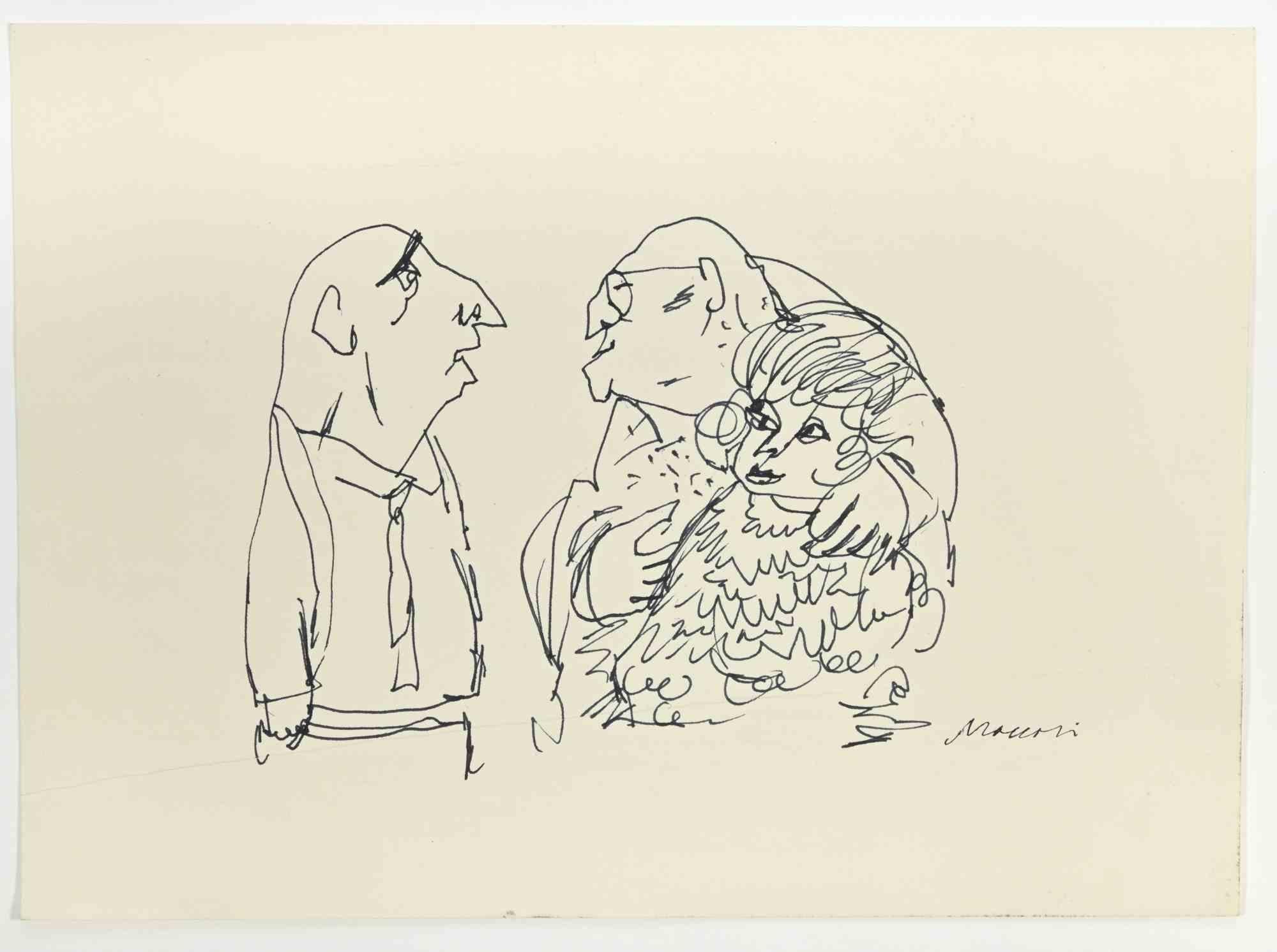 Figures is a china ink Drawing realized by Mino Maccari  (1924-1989) in the 1960s.

Hand-signed on the lower.

Good conditions with slight folding.

Mino Maccari (Siena, 1924-Rome, June 16, 1989) was an Italian writer, painter, engraver and