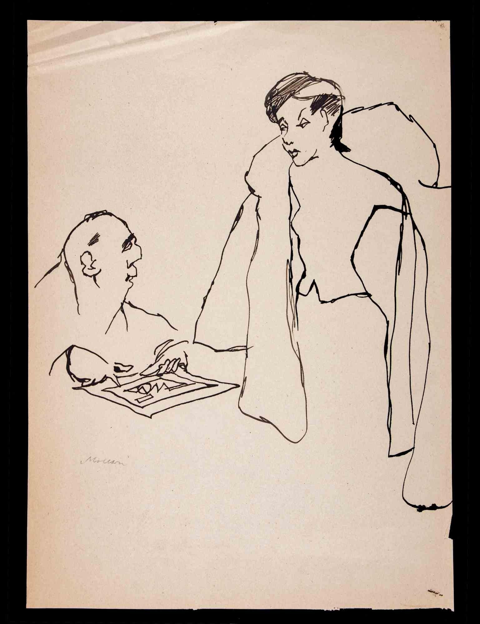The Visit is a Pen Drawing realized by Mino Maccari (1924-1989) in 1965.

Hand signed on the lower margin.

Good condition on a yellowed paper.

Mino Maccari (Siena, 1924-Rome, June 16, 1989) was an Italian writer, painter, engraver and journalist,