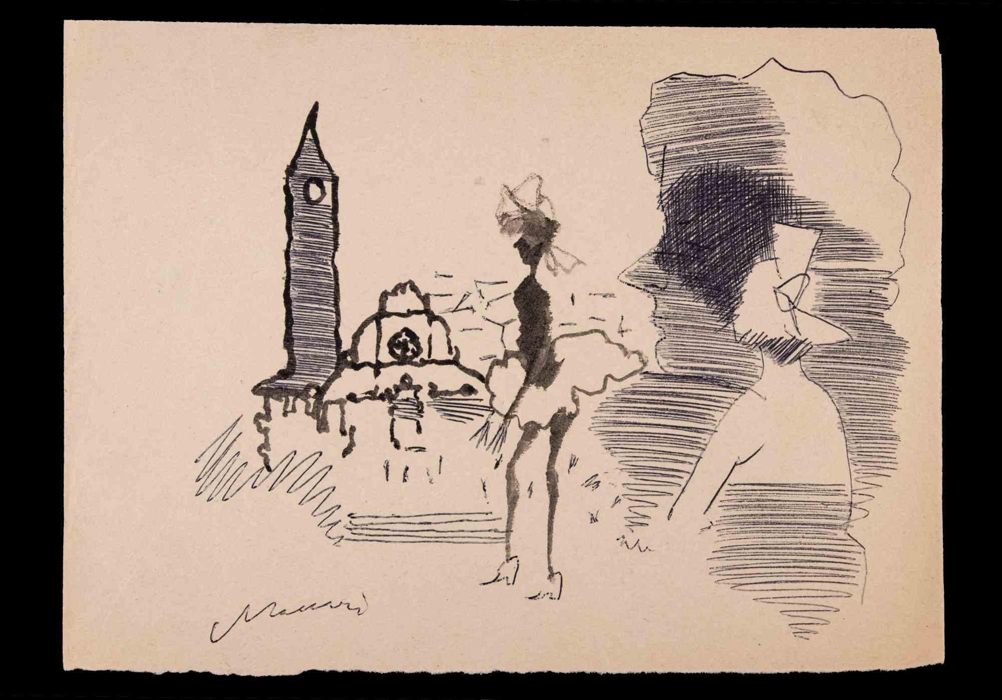Figures in the City is a Pen and Ink Drawing realized by Mino Maccari (1924-1989) in 1962.

Hand signed on the lower margin.

Good condition on a yellowed paper.

Mino Maccari (Siena, 1924-Rome, June 16, 1989) was an Italian writer, painter,