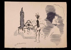 Vintage Figures in the City - Drawing by Mino Maccari - 1962