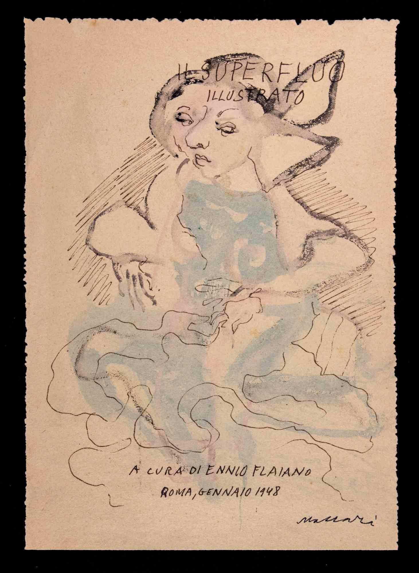  Mino Maccari Figurative Art - Superfluous - Cover for "Il Superfluo Illustrato"- Drawing by M. Maccari - 1948