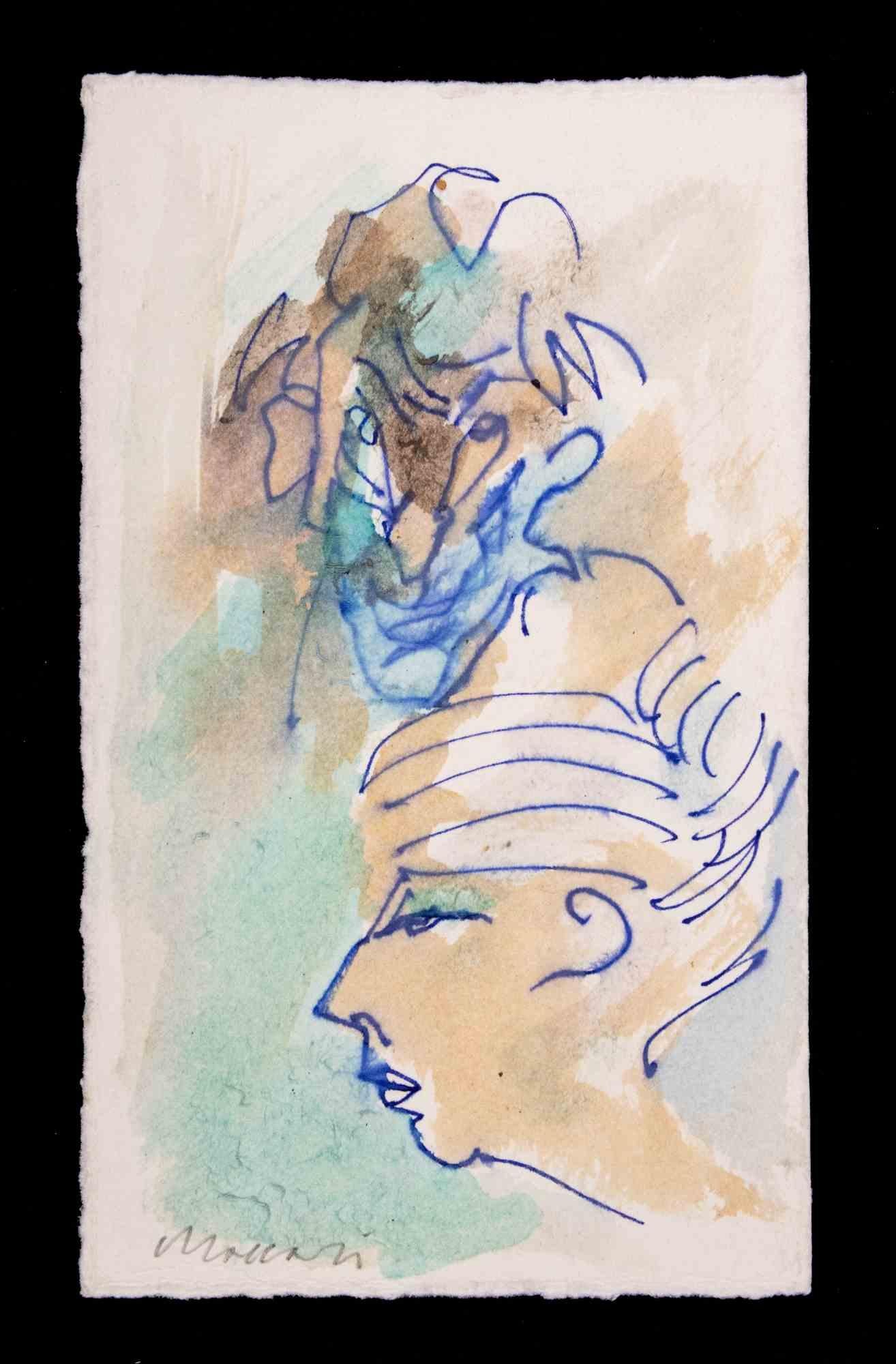 The Modern Couple is a Watercolor and Pen Drawing realized by Mino Maccari (1924-1989) in 1980s.

Hand signed on the lower margin.

Good condition on a yellowed paper.

Mino Maccari (Siena, 1924-Rome, June 16, 1989) was an Italian writer, painter,