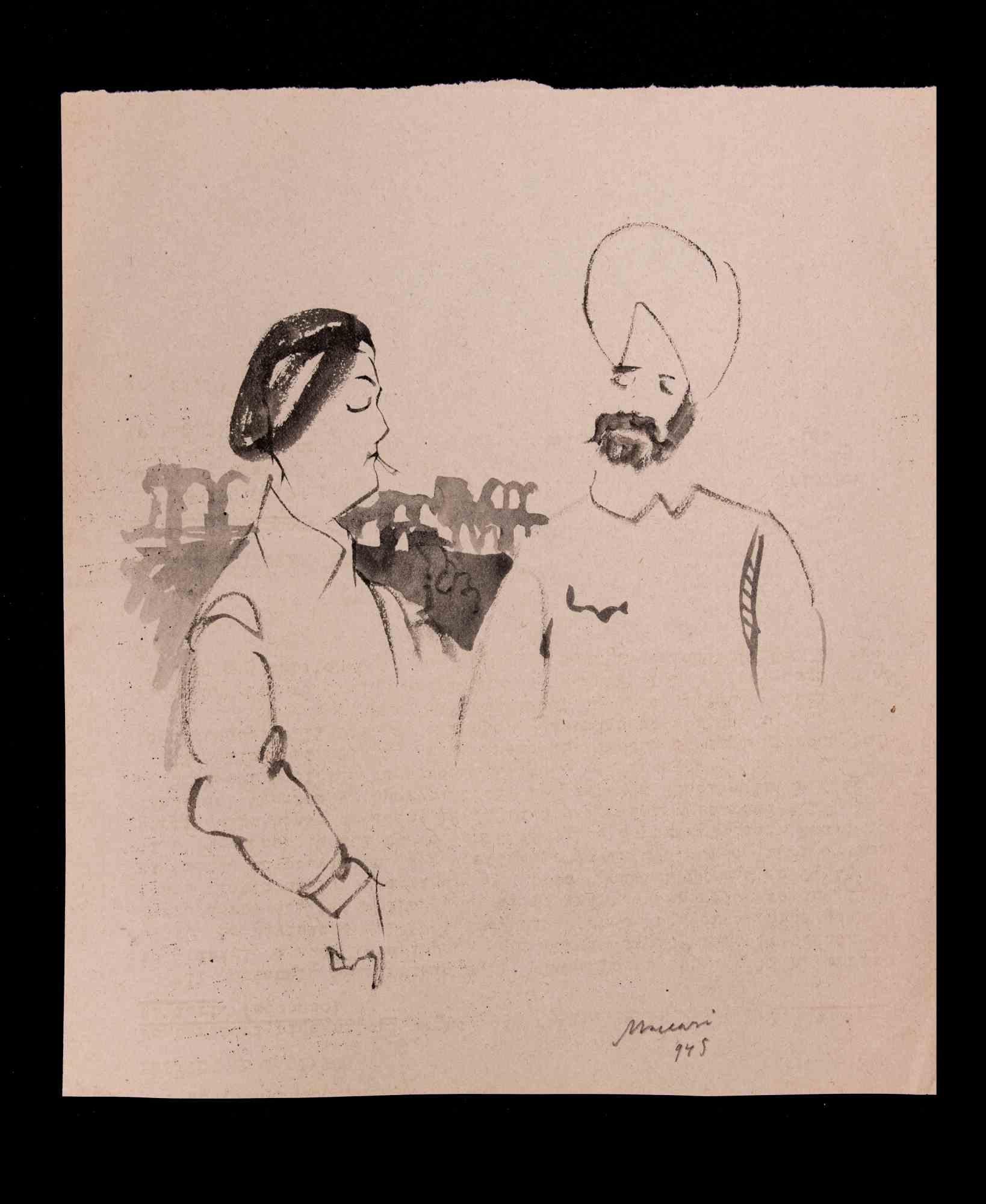 Türkisch und Amerikanisch ist ein  Aquarell  Zeichnung von Mino Maccari (1924-1989) aus dem Jahr 1945.

Handsigniert am unteren Rand.

Guter Zustand auf vergilbtem Papier.

Mino Maccari (Siena, 1924-Rom, 16. Juni 1989) war ein italienischer