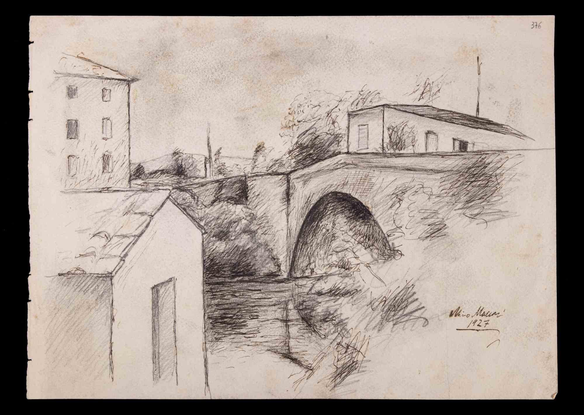 Cityscape is a pencilDrawing realized by Mino Maccari (1924-1989) in 1927.

Hand signed and dated on the lower margin.

Good condition on a yellowed paper.

Mino Maccari (Siena, 1924-Rome, June 16, 1989) was an Italian writer, painter, engraver and