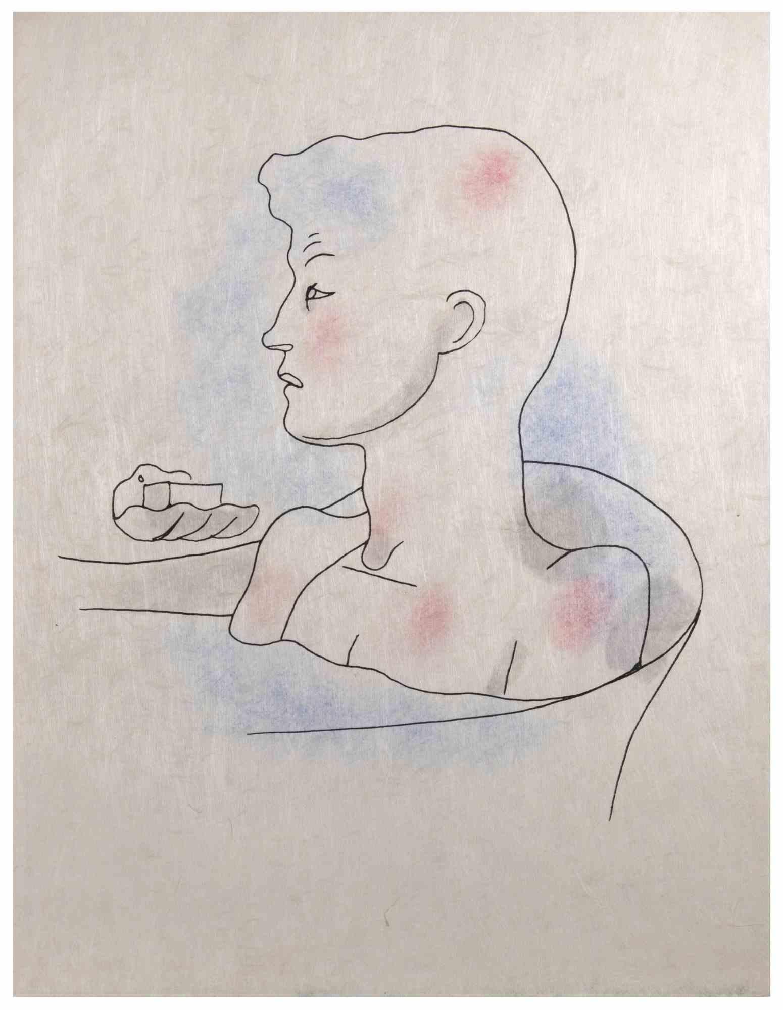 To The Bathroom ist eine kolorierte Lithographie auf Japanpapier realisiert von  Jean Cocteau (1889 -1963) im Jahr 1930 ca. 

Französischer Zeichner, Dichter, Essayist, Dramatiker, Librettist, Filmregisseur.

Ausgezeichneter Zustand, keine