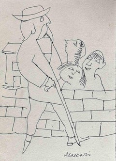 Vintage Walking Man - Drawing by Mino Maccari - 1960s