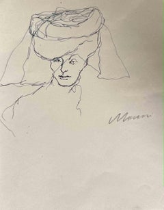 Vintage Lady With Lace Hat - Drawing by Mino Maccari - 1960s