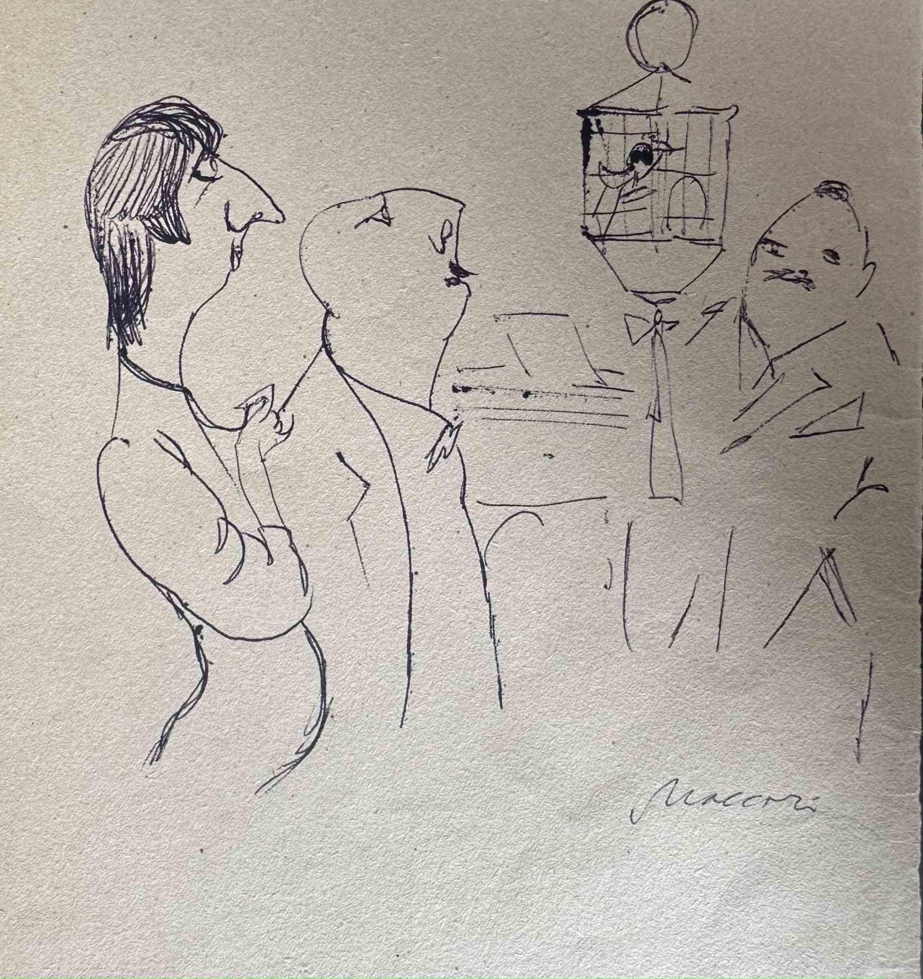 Caged Bird is a pen Drawing realized by Mino Maccari  (1924-1989) in the 1960s.

Hand-signed on the lower.

Good conditions.

Mino Maccari (Siena, 1924-Rome, June 16, 1989) was an Italian writer, painter, engraver and journalist, winner of the