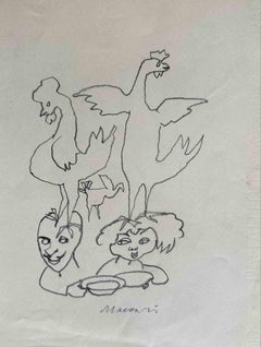 The Couple and Roosters - Drawing by Mino Maccari - 1960s