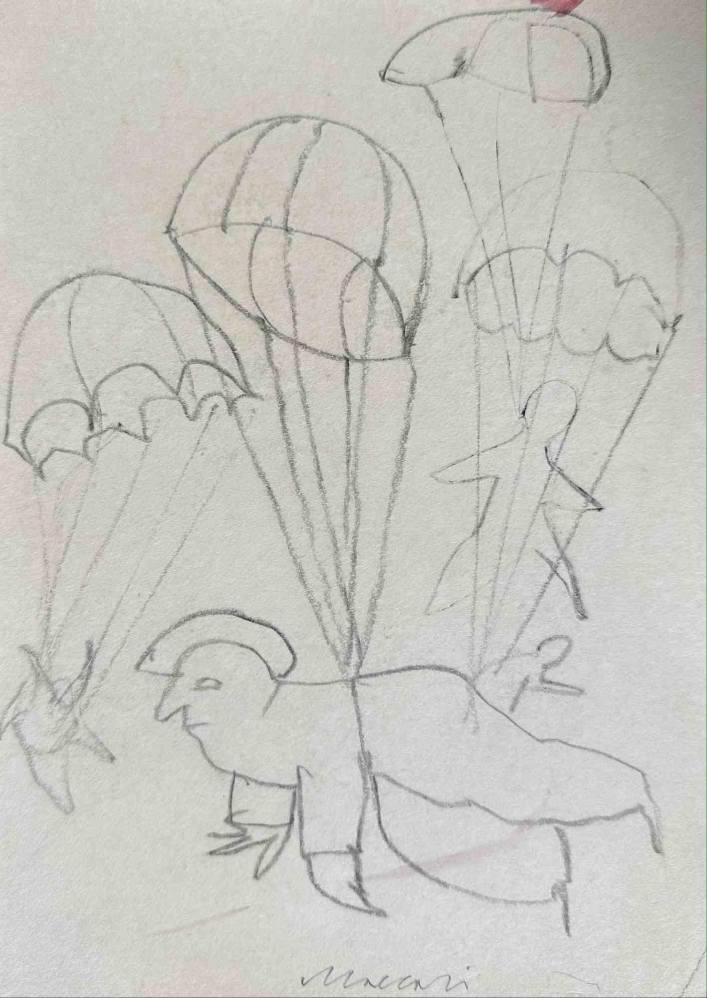 Parachutist is a pencil Drawing realized by Mino Maccari  (1924-1989) in the 1960s.

Hand-signed on the lower.

Good conditions.

Mino Maccari (Siena, 1924-Rome, June 16, 1989) was an Italian writer, painter, engraver and journalist, winner of the