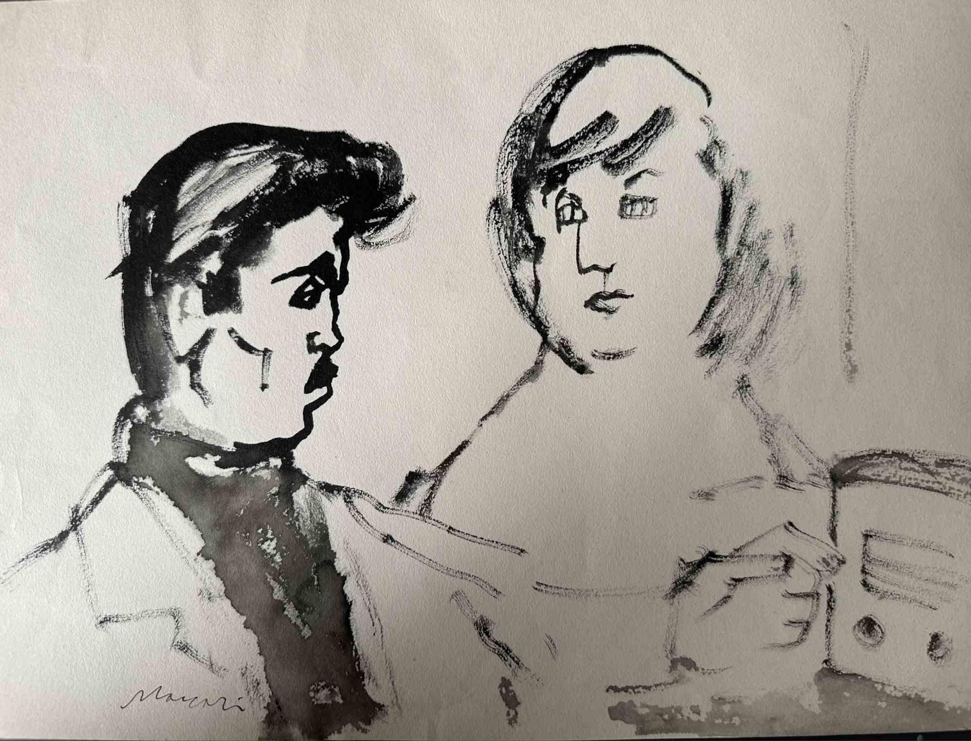 The Couple is a China ink and watercolor Drawing realized by Mino Maccari  (1924-1989) in the 1960s.

Hand-signed on the lower.

Good conditions.

Mino Maccari (Siena, 1924-Rome, June 16, 1989) was an Italian writer, painter, engraver and