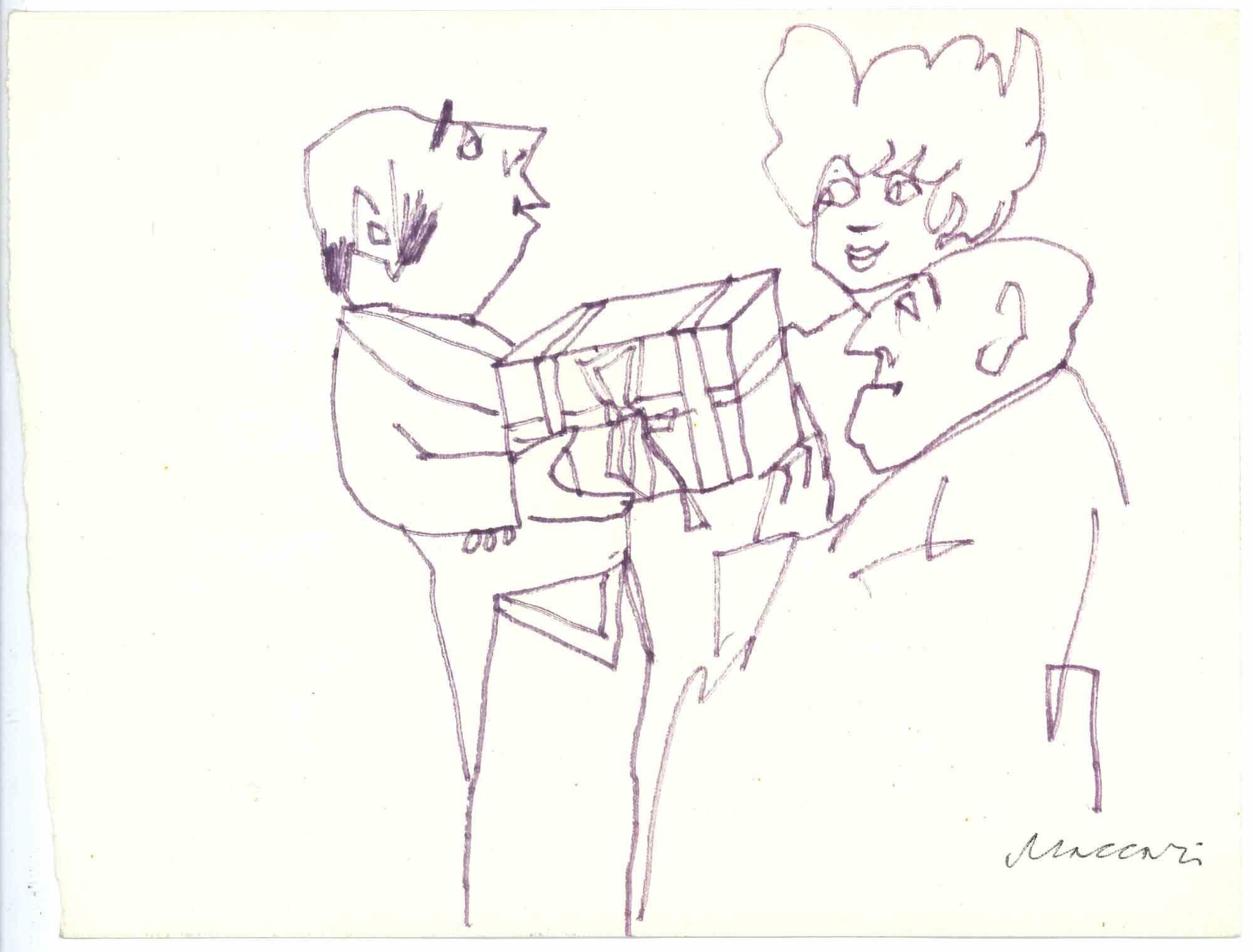 Das Geschenk ist eine violette Marker-Zeichnung von Mino Maccari  (1924-1989) in der Mitte des 20. Jahrhunderts.

Handsigniert auf der Unterseite.

Gute Bedingungen.

Mino Maccari (Siena, 1924-Rom, 16. Juni 1989) war ein italienischer
