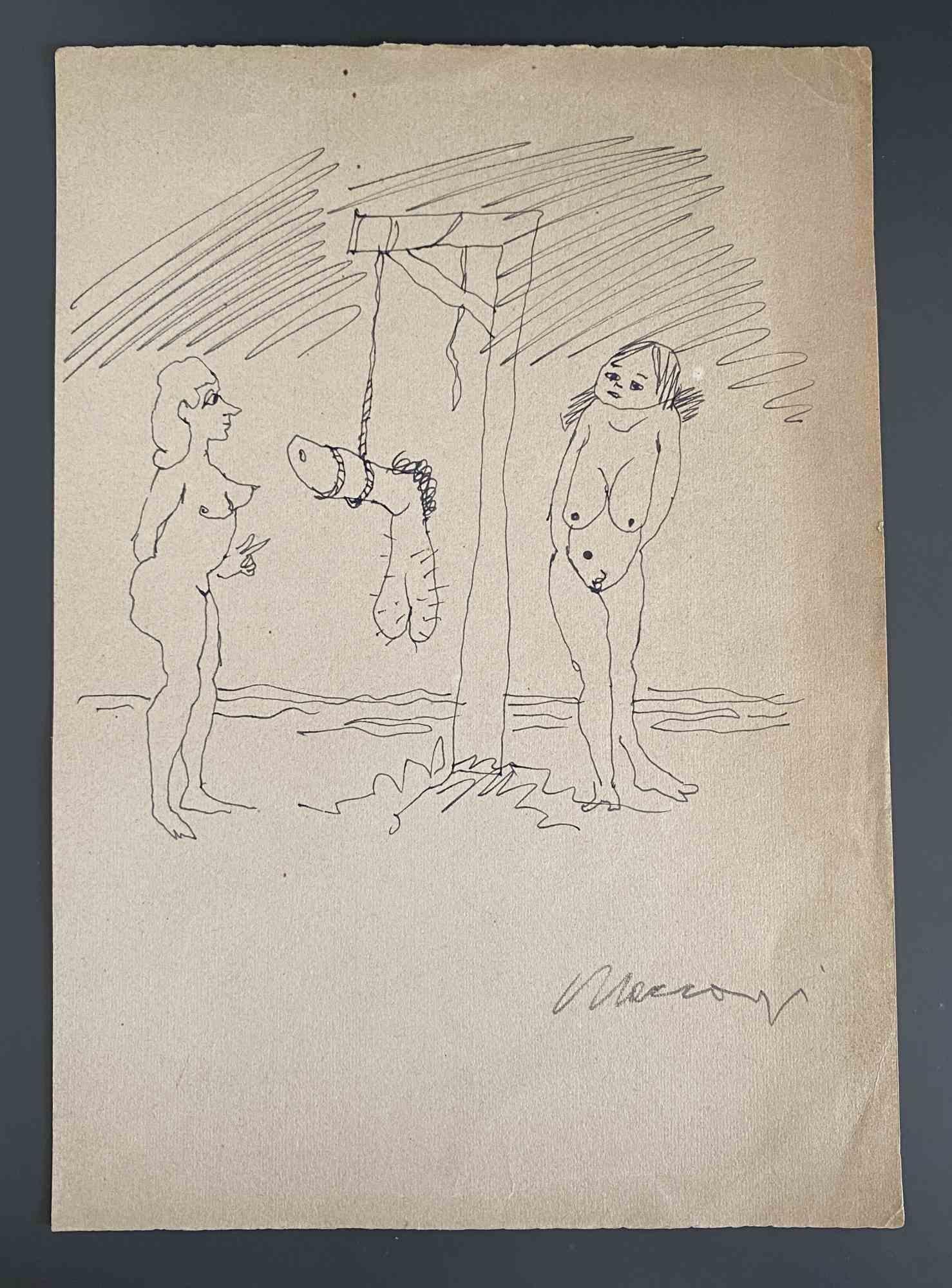 Hanged is a china ink Drawing realized by Mino Maccari  (1924-1989) in the Mid-20th Century.

Hand-signed on the lower.

Good conditions.

Mino Maccari (Siena, 1924-Rome, June 16, 1989) was an Italian writer, painter, engraver and journalist, winner