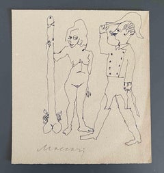 On the Attention! - Drawing by Mino Maccari - Mid-20th Century