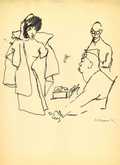 Vintage Hiring Interview - Drawing by Mino Maccari - Mid-20th Century