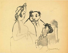 Vintage Family Meeting - Drawing by Mino Maccari - Mid-20th Century