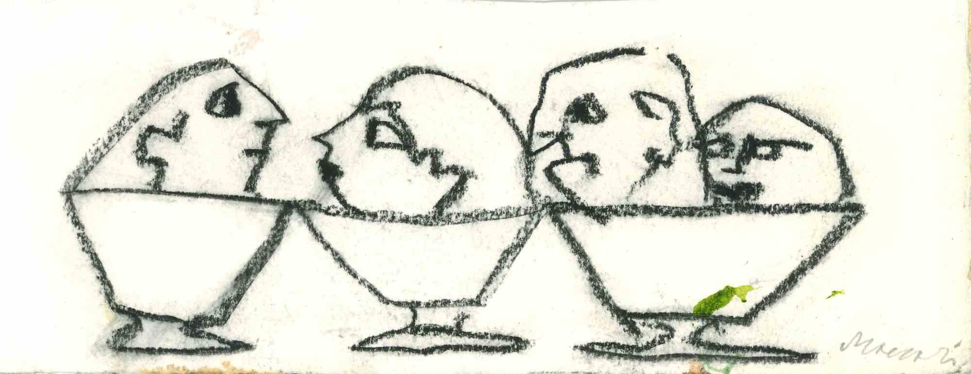 Cups/Couples is a  charcoal Drawing realized by Mino Maccari  (1924-1989) in the Mid-20th Century.

Hand-signed on the lower.

Good conditions.

Mino Maccari (Siena, 1924-Rome, June 16, 1989) was an Italian writer, painter, engraver and journalist,