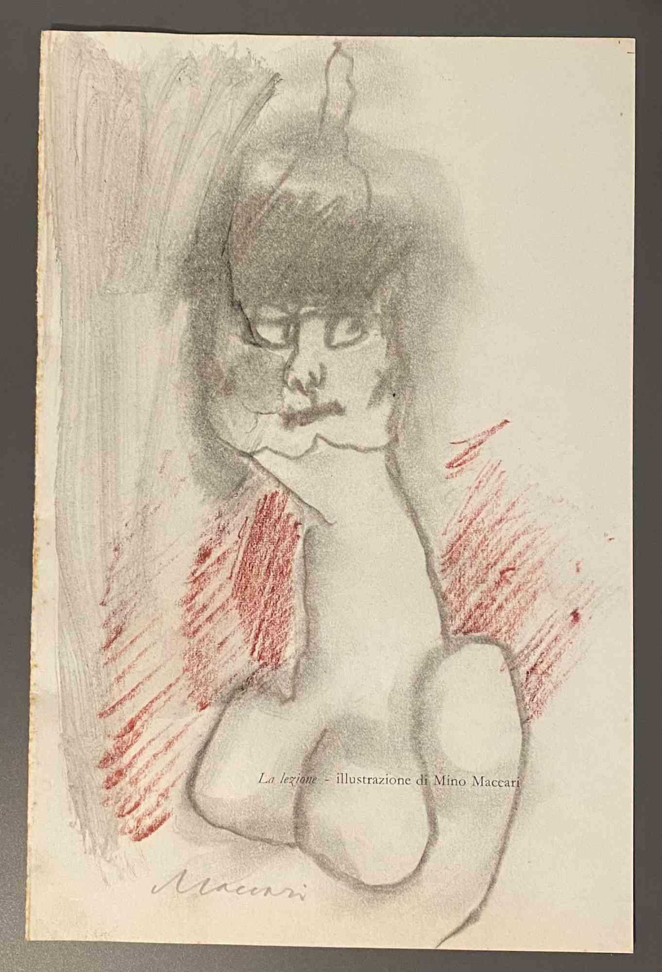 The Lesson - Dessin de Mino Maccari - Milieu du 20e siècle