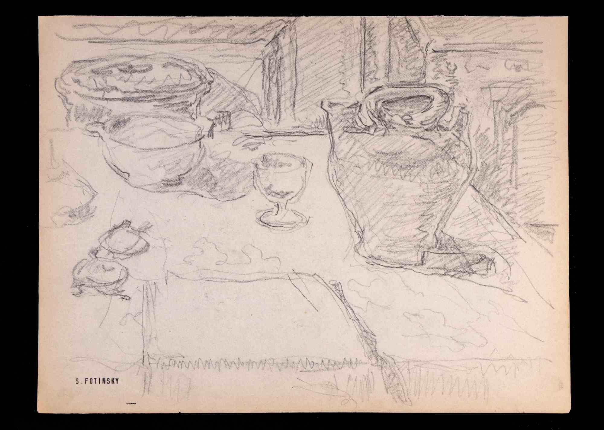 La nature morte est une œuvre d'art réalisée par Serge Fotinsky en 1947. 

Dessin au crayon.

Signature au tampon en bas à gauche.

Bon état à l'exception de quelques jaunissements sur la feuille dus au temps.