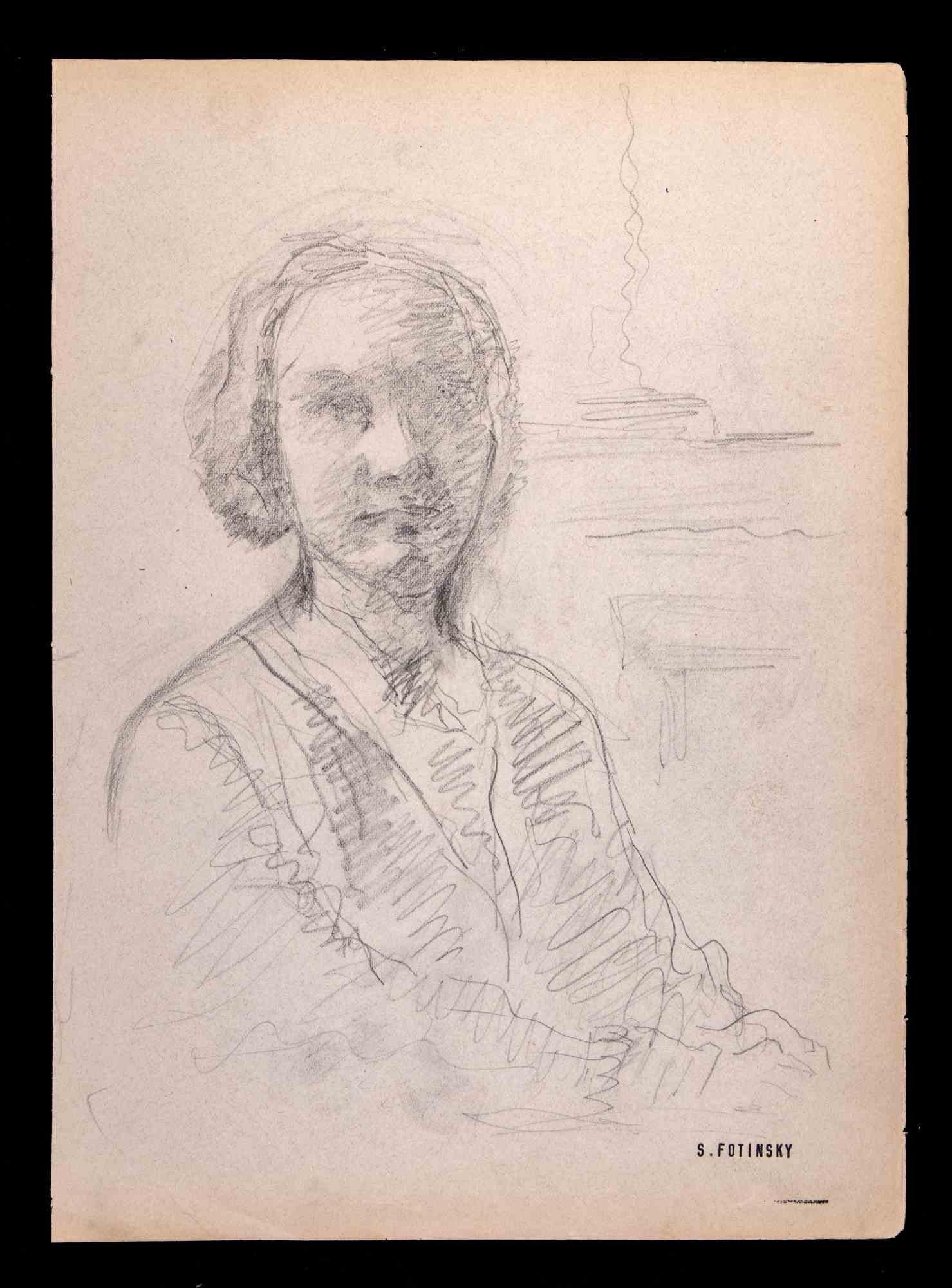 Portrait is an artwork realized by Serge Fotinsky in 1947. 

Original drawing, 27 x 19 cm.

Pad signature lower right.

Good conditions except yellowing of the sheet. 

 