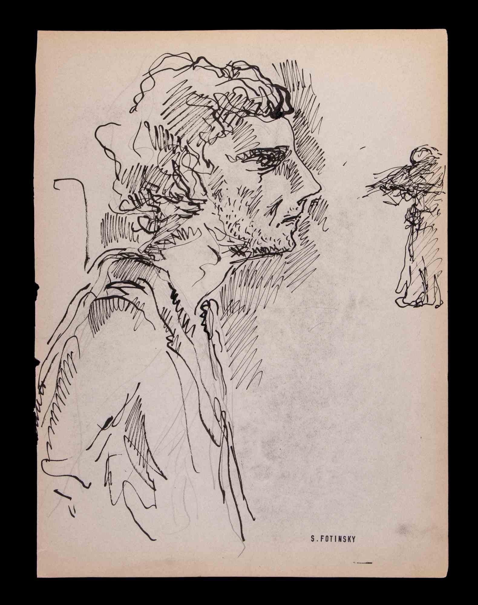 A man's profile is an artwork realized by Serge Fotinsky in 1947 ca. 

China ink drawing.

Pad signature of the artist right left.

27 x 20 cm.

Good condition except for some ye4llowing on paper due by time. 

 