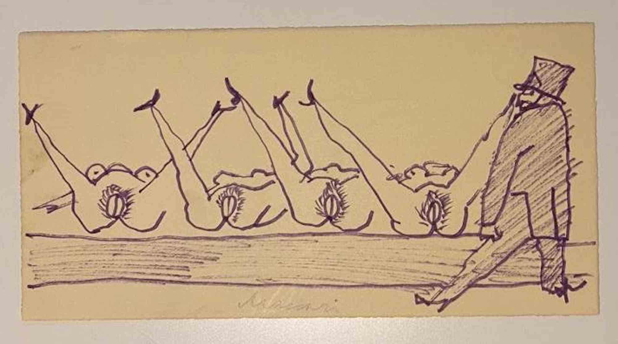 The Tamer - Drawing by Mino Maccari - Mid-20th Century