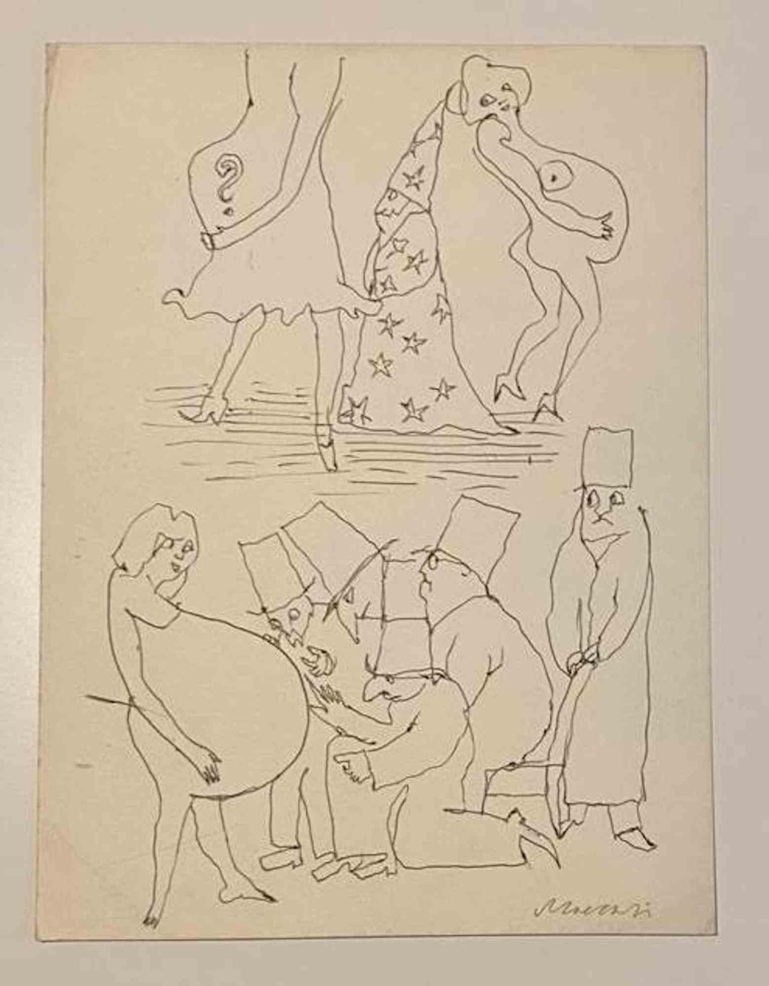 The Magician  is a pen Drawing realized by Mino Maccari  (1924-1989) in the Mid-20th Century.

Hand-signed on the lower.

Good conditions.

Mino Maccari (Siena, 1924-Rome, June 16, 1989) was an Italian writer, painter, engraver and journalist,