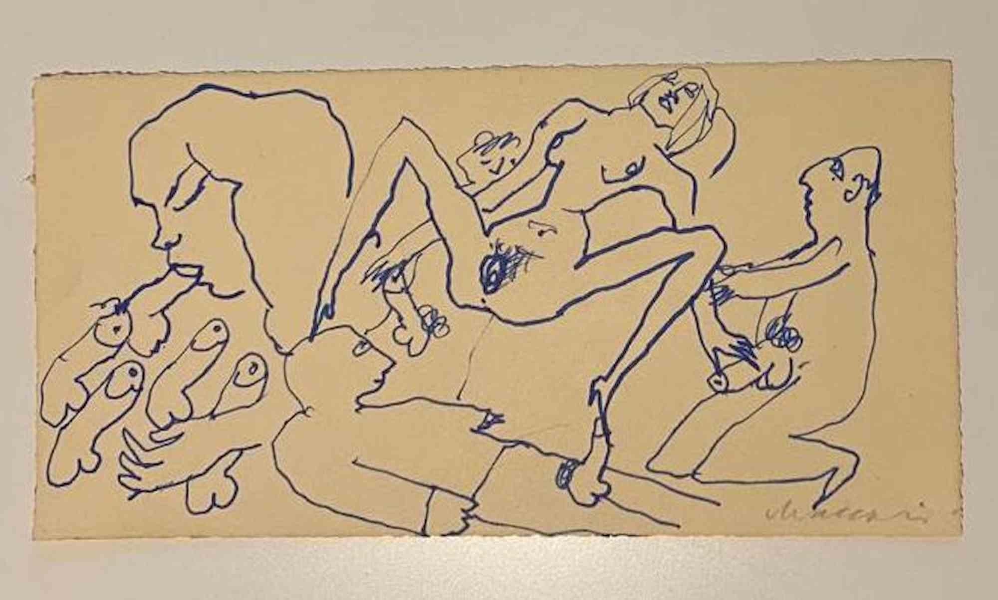 Orgy ist eine Federzeichnung von Mino Maccari  (1924-1989) in der Mitte des 20. Jahrhunderts.

Handsigniert auf der Unterseite.

Gute Bedingungen.

Mino Maccari (Siena, 1924-Rom, 16. Juni 1989) war ein italienischer Schriftsteller, Maler, Graveur