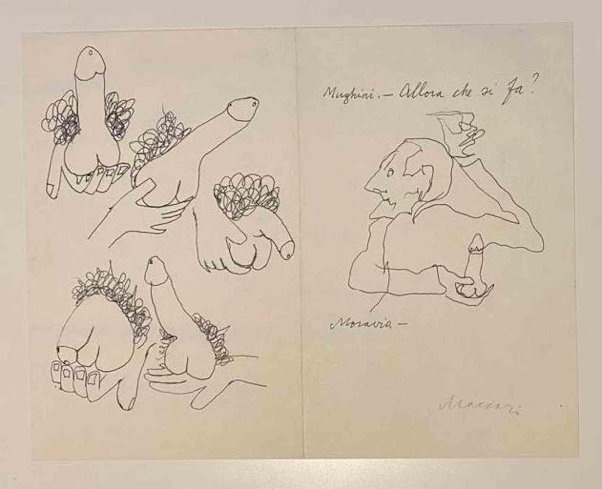 What do we do? is a pen Drawing realized by Mino Maccari  (1924-1989) in the Mid-20th Century.

Hand-signed on the lower.

Good conditions.

Mino Maccari (Siena, 1924-Rome, June 16, 1989) was an Italian writer, painter, engraver and journalist,