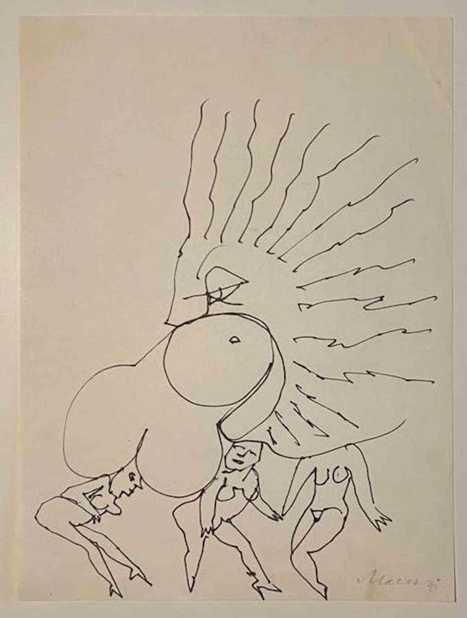 The Sun is a pen Drawing realized by Mino Maccari  (1924-1989) in the Mid-20th Century.

Hand-signed on the lower.

Good conditions.

Mino Maccari (Siena, 1924-Rome, June 16, 1989) was an Italian writer, painter, engraver and journalist, winner of