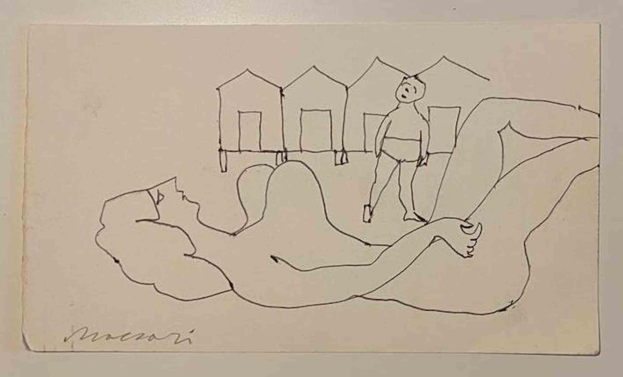 At the Beach is a Pen Drawing realized by Mino Maccari  (1924-1989) in the Mid-20th Century.

Hand-signed on the lower.

Good conditions.

Mino Maccari (Siena, 1924-Rome, June 16, 1989) was an Italian writer, painter, engraver and journalist, winner