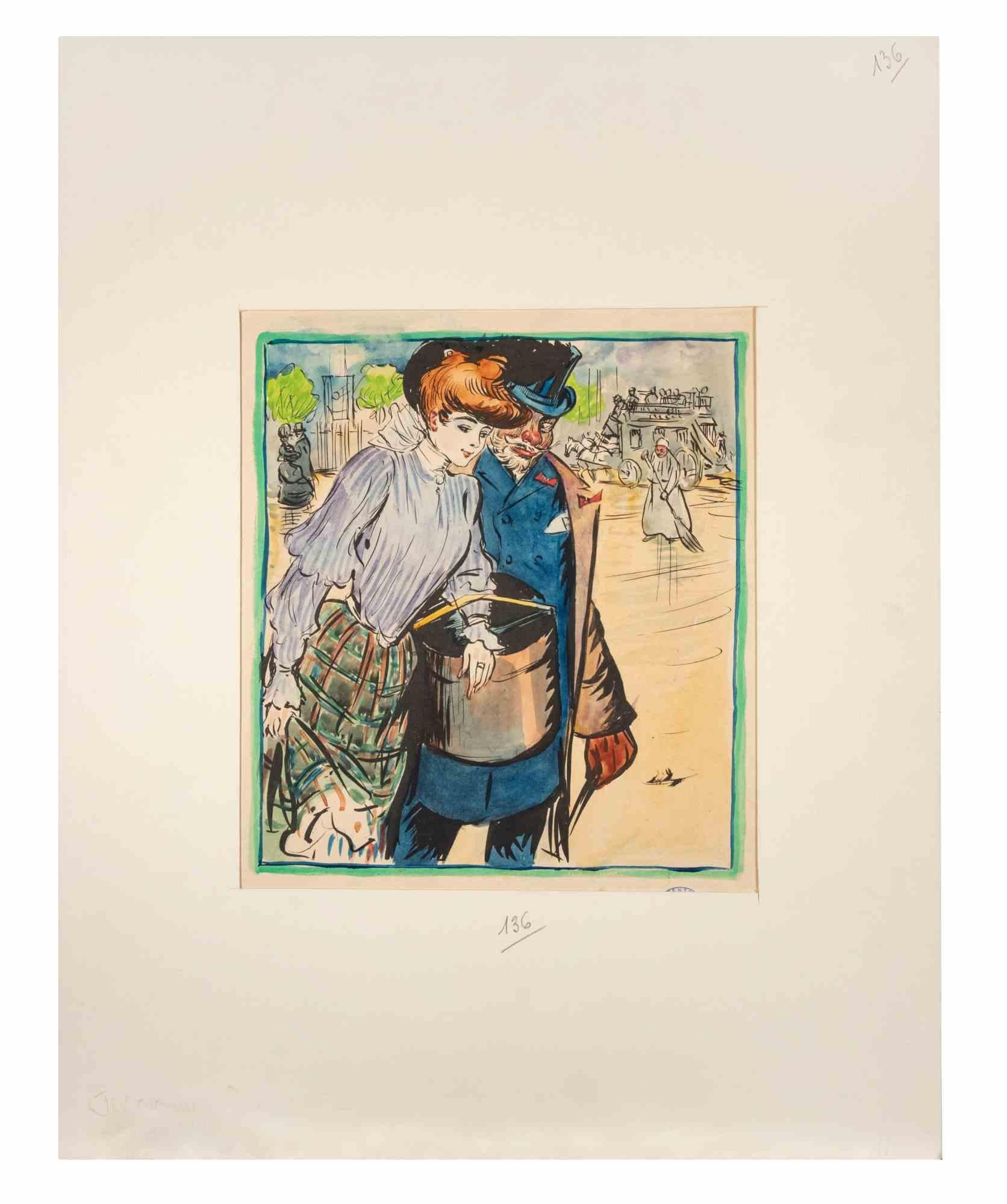 Springtime ist ein Tusche- und Aquarellbild, das Pierre Georges Jeanniot 1905 für die Zeitschrift "Rire" schuf.

Guter Zustand auf gelbem Papier.

Stempel signiert in der unteren rechten Ecke.

Dazu gehört ein cremefarbenes Passepartout aus Karton