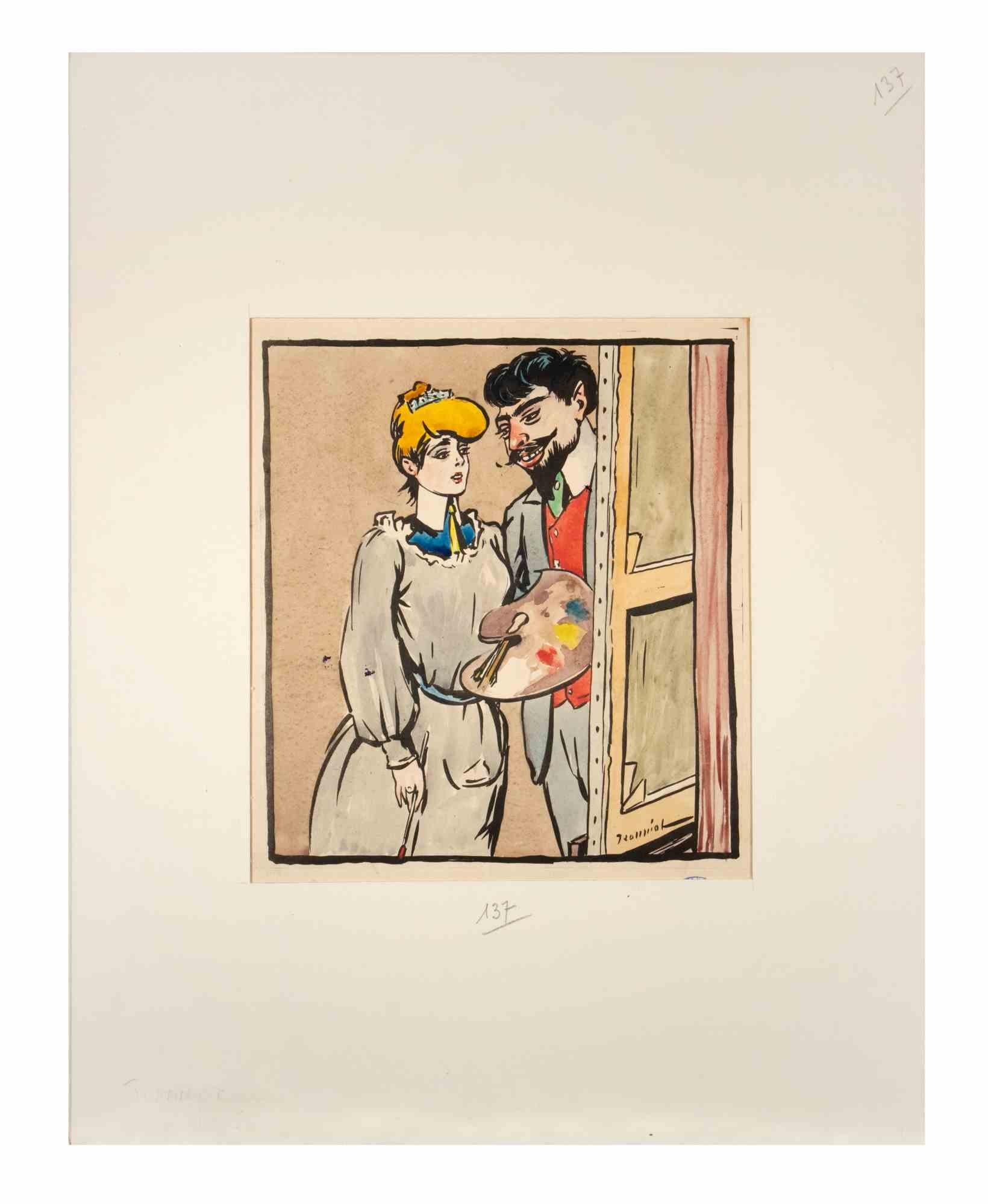 To the Painter is an ink and Watercolor realized by Pierre Georges Jeanniot in 1904, for the magazine "Rire".

Good condition on a yellowed paper.

Stamp signed on the lower riht corner.

Included a cream colored cardboard passpartout (44x34.5