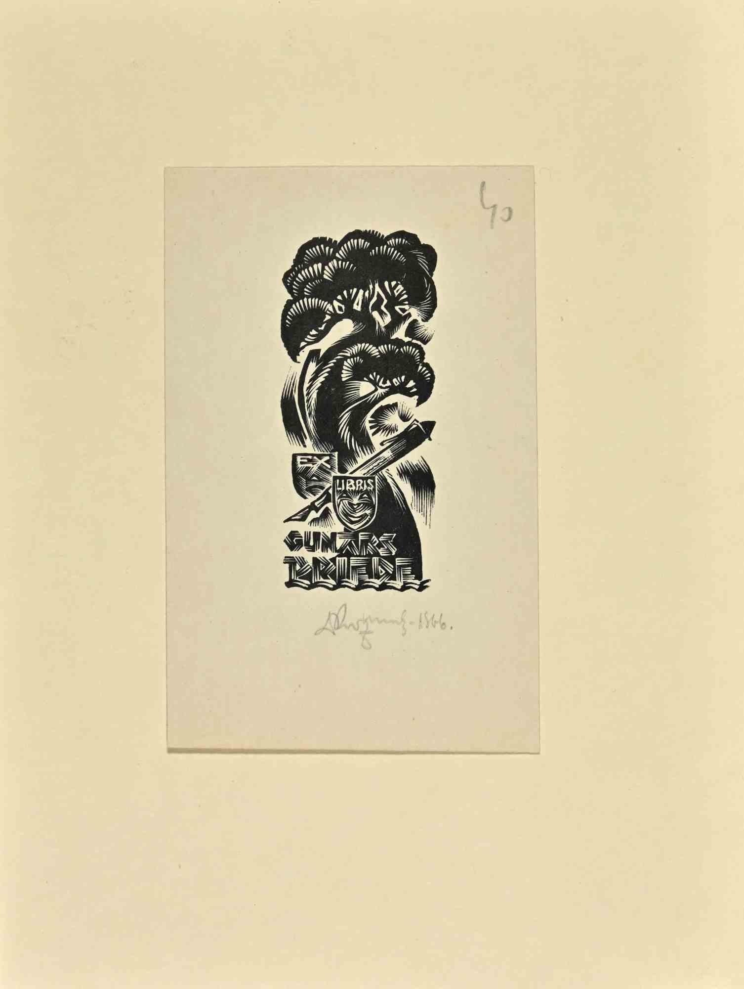 Ex Libris Johnny Kohler - Woodcut - Mid 20th Century