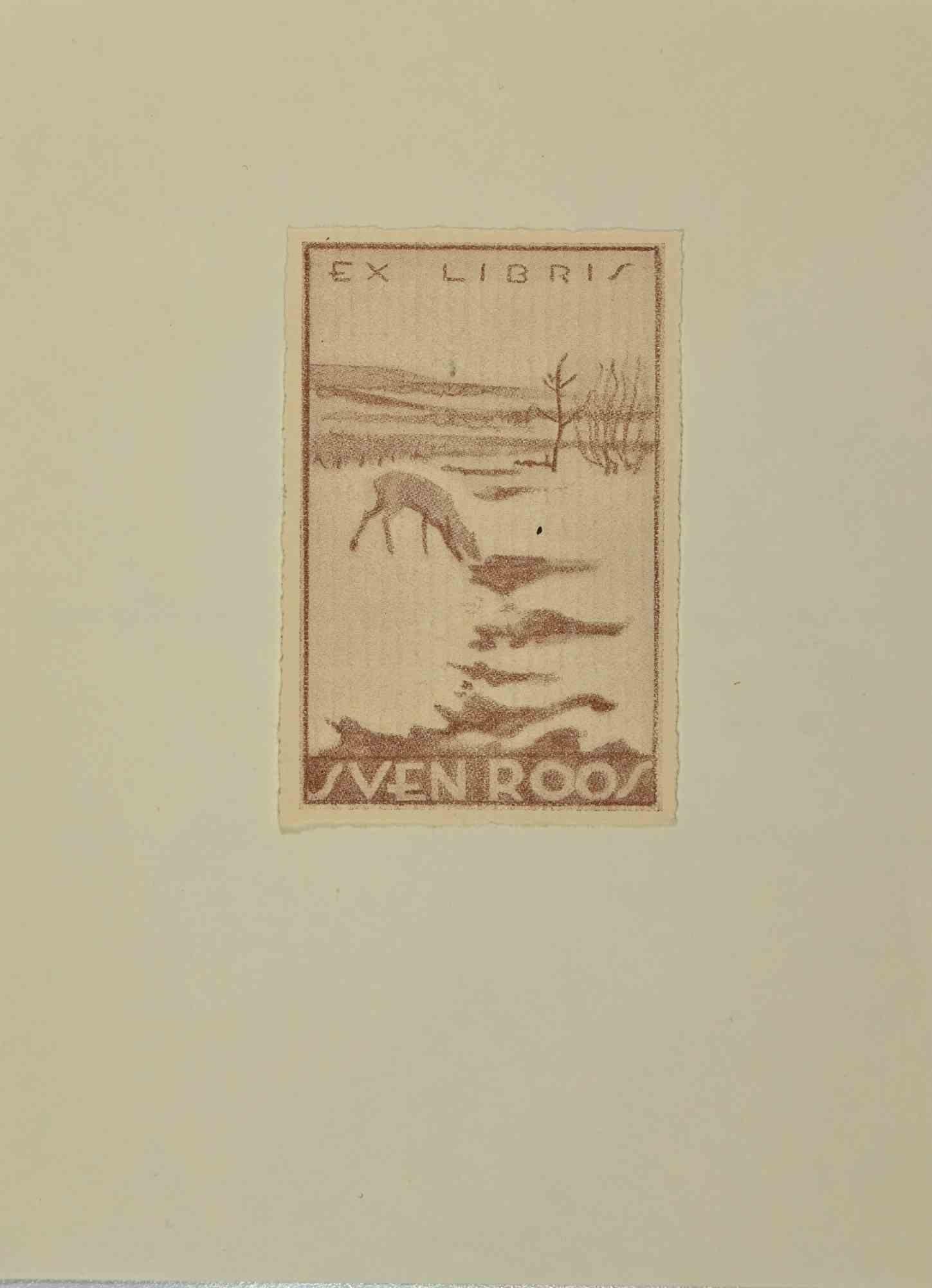 Ex Libris Sven Roos - Gravure sur bois - Milieu du 20e siècle - Art de Unknown