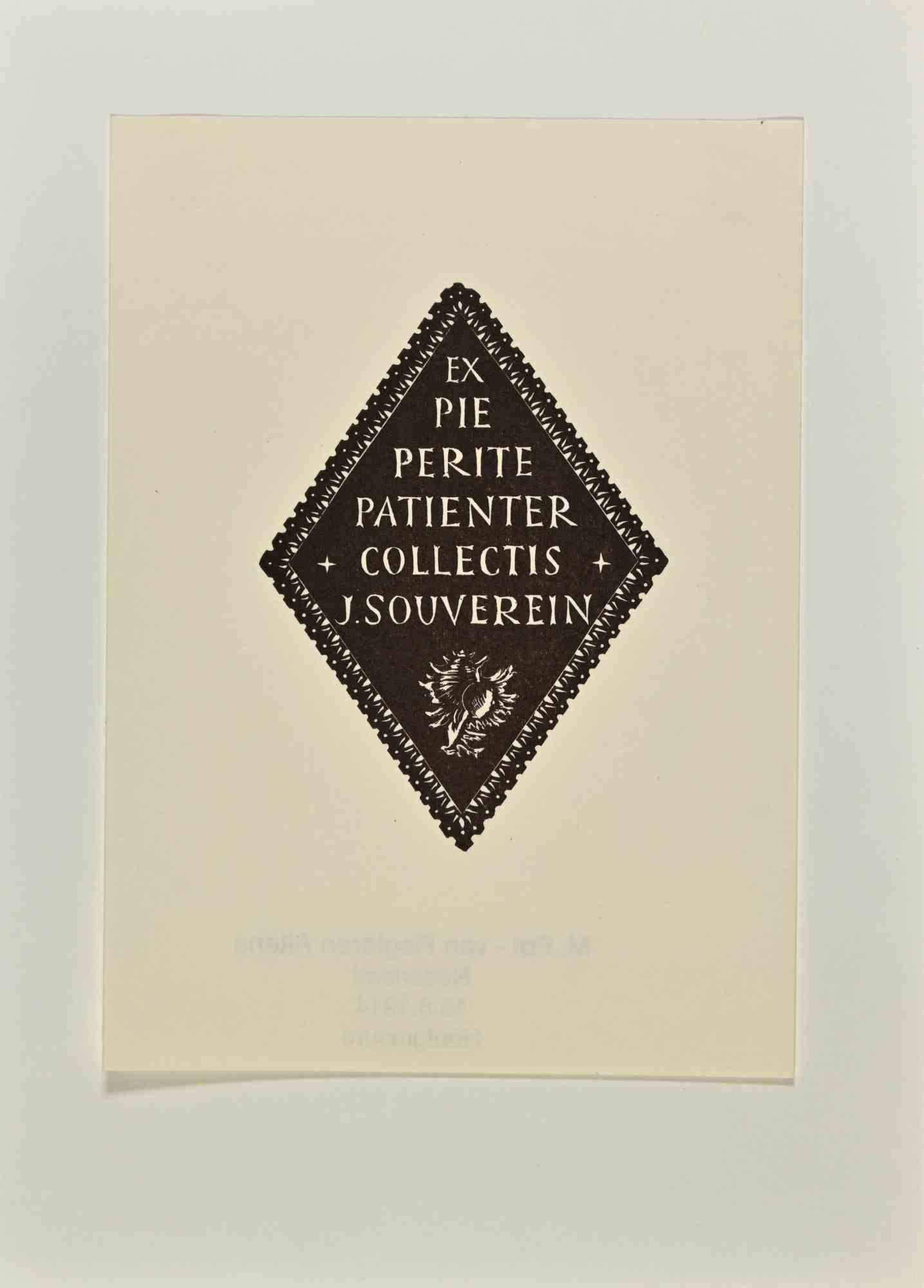 Ex Libris  - Pie Perite Patienter Collectis J. Souverein ist ein modernes Kunstwerk aus dem Jahr 1914 von M. Pot Van Regteren Altena aus den Niederlanden.

S/W Holzschnitt auf Elfenbeinpapier. Signiert auf der Platte und datiert auf der