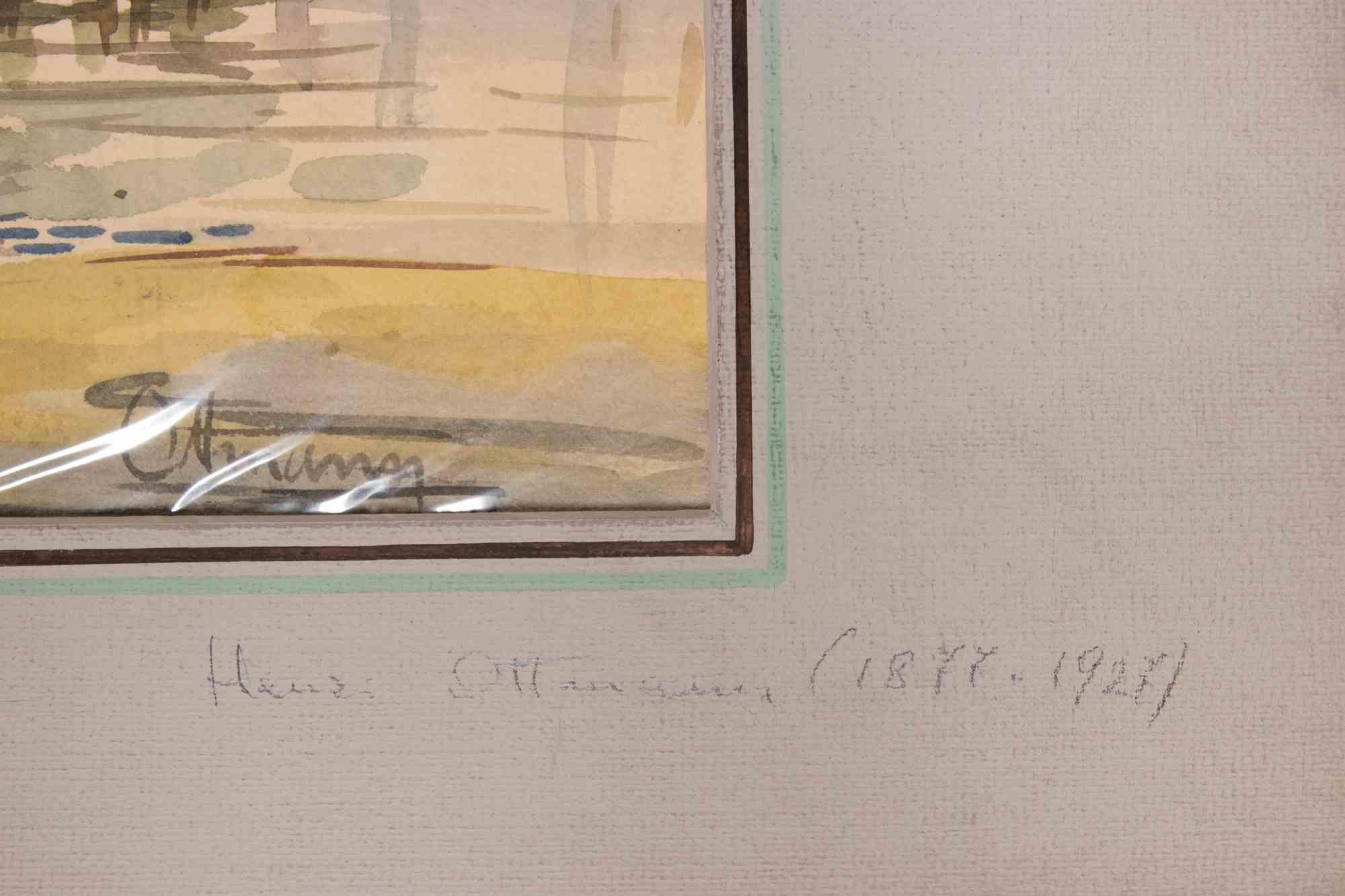 Paysage avec Arméniens - Dessin à l'aquarelle d'Henry Ottmann - 1946 en vente 1