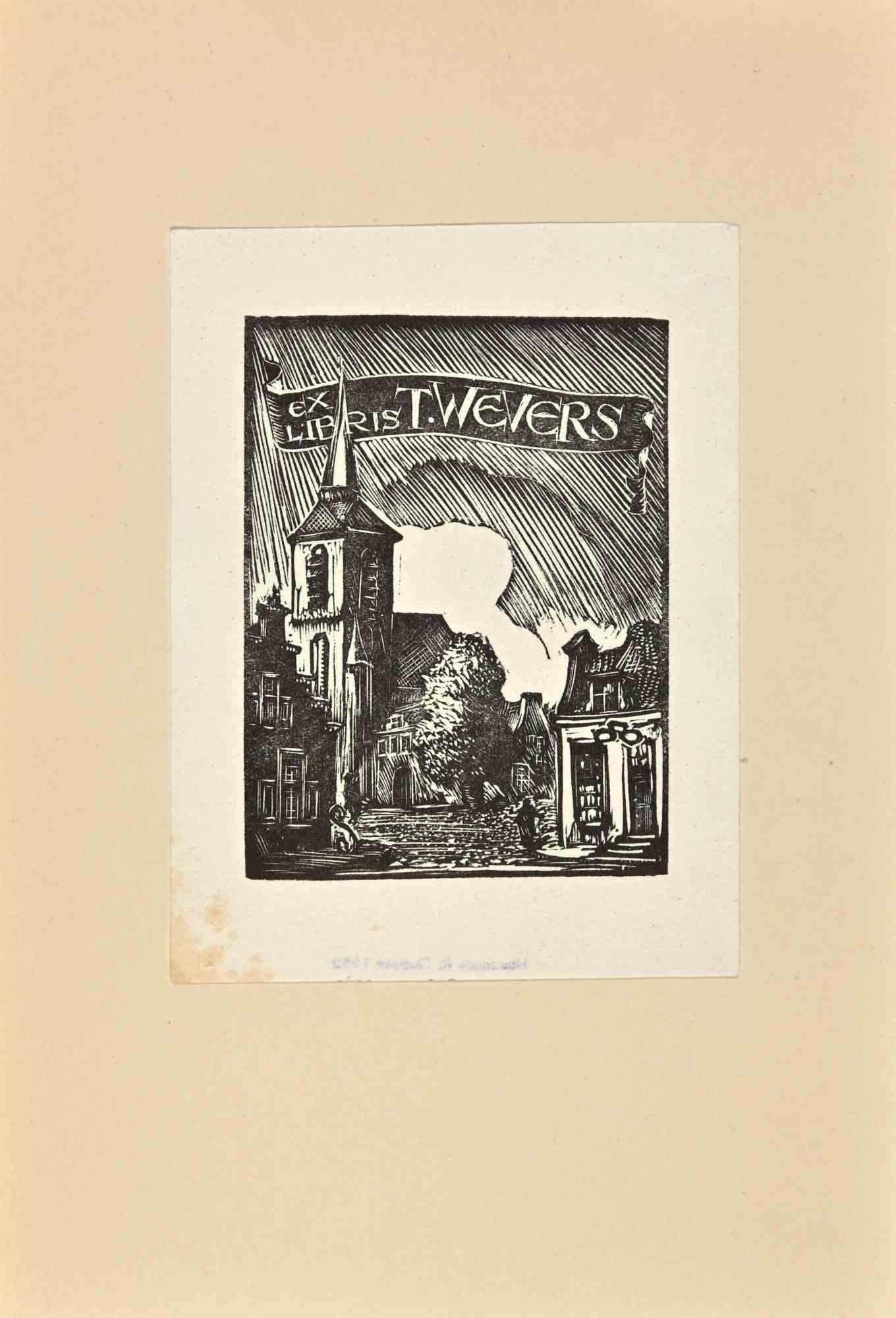 Ex Libris - T. Wevers is a Modern Artwork realized in 1952, by Herbert Ott.

Ex Libris. B/W woodcut on ivory paper.

The work is glued on ivory cardboard.

Total dimensions: 21x 14.5 cm.

Good conditions except for a small spot on the left
