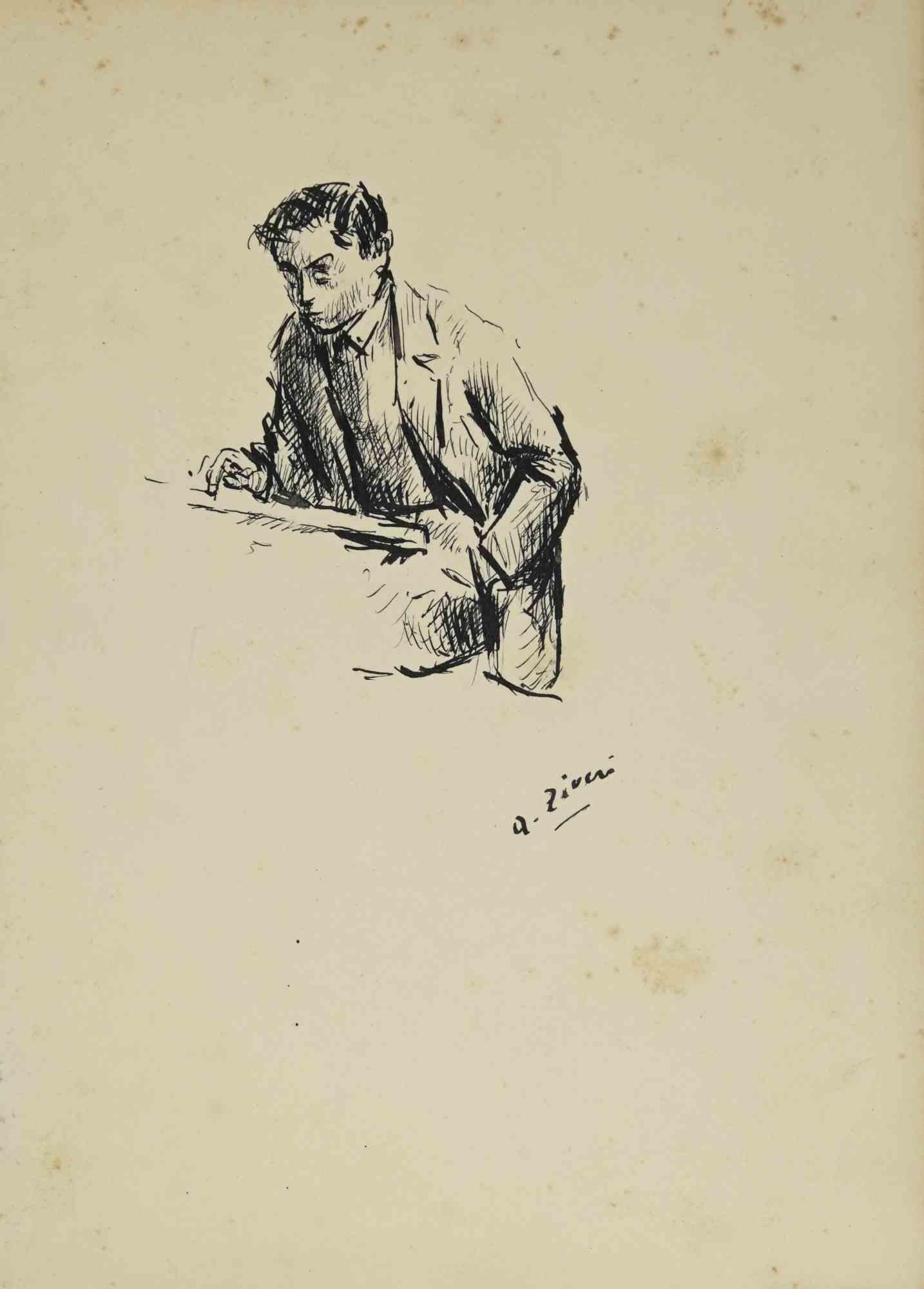 Writing Man ist eine Originalzeichnung von Alberto Ziveri aus den 1930er Jahren.

Tinte auf Papier.

Handsigniert.

In gutem Zustand mit leichten Stockflecken.

Das Kunstwerk wird durch geschickte Striche meisterhaft dargestellt.

Alberto Ziveri