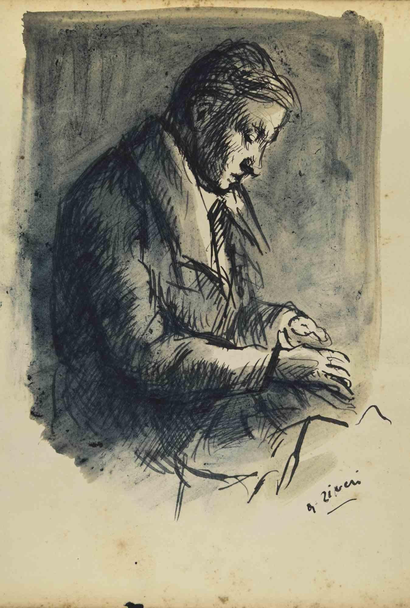 Writing Man ist eine Originalzeichnung von Alberto Ziveri aus den 1930er Jahren.

Tusche und Aquarell auf Papier.

Handsigniert.

In gutem Zustand

Das Kunstwerk wird durch geschickte Striche meisterhaft dargestellt.

Alberto Ziveri (Rom, 1908 -