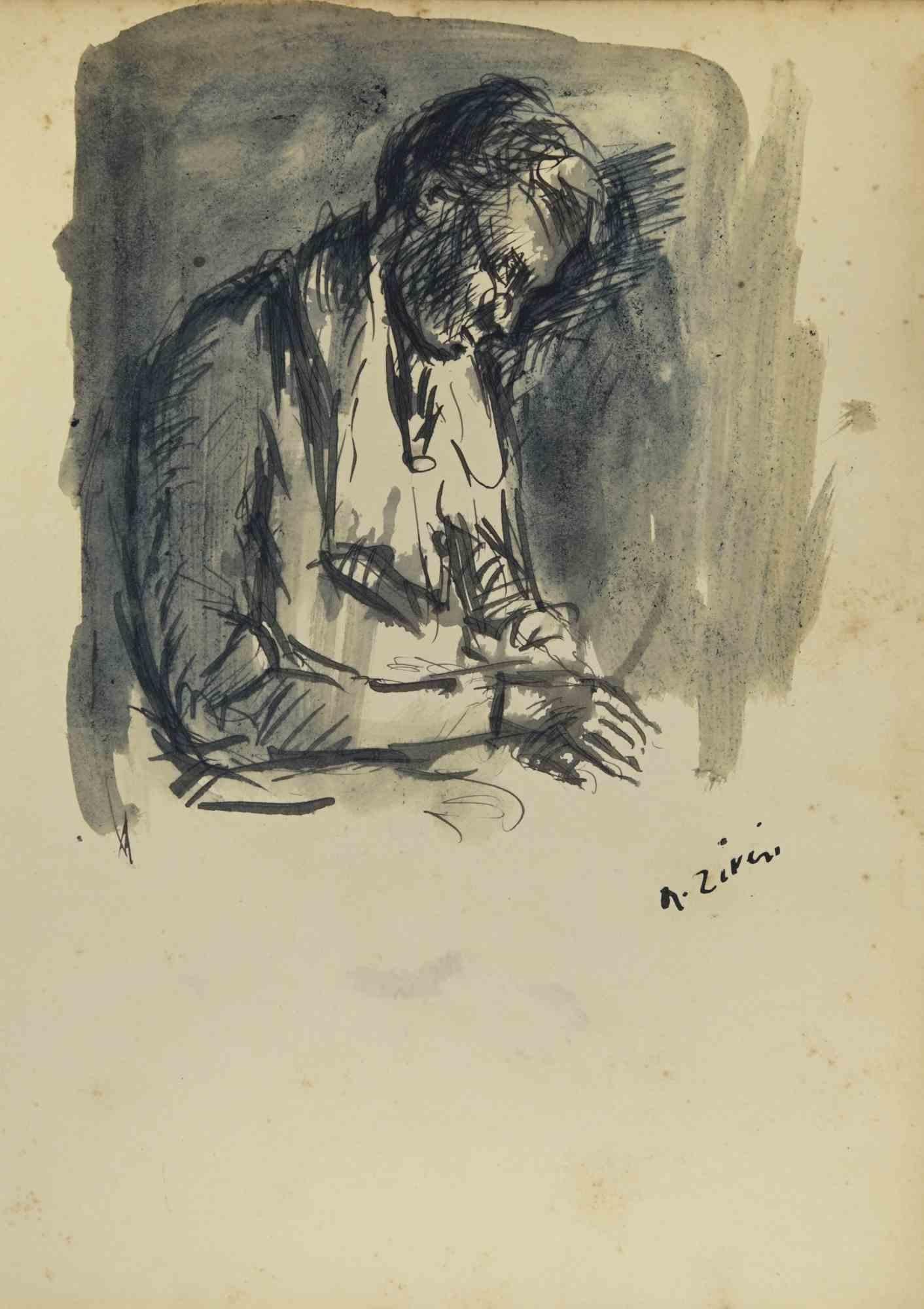 Writing Man is an original drawing realized by Alberto Ziveri in the 1930s.

Ink and watercolor on paper.

Hand-signed.

In good conditions with slight foxing.

The artwork is represented through deft strokes masterly.

Alberto Ziveri (Rome,1908 –