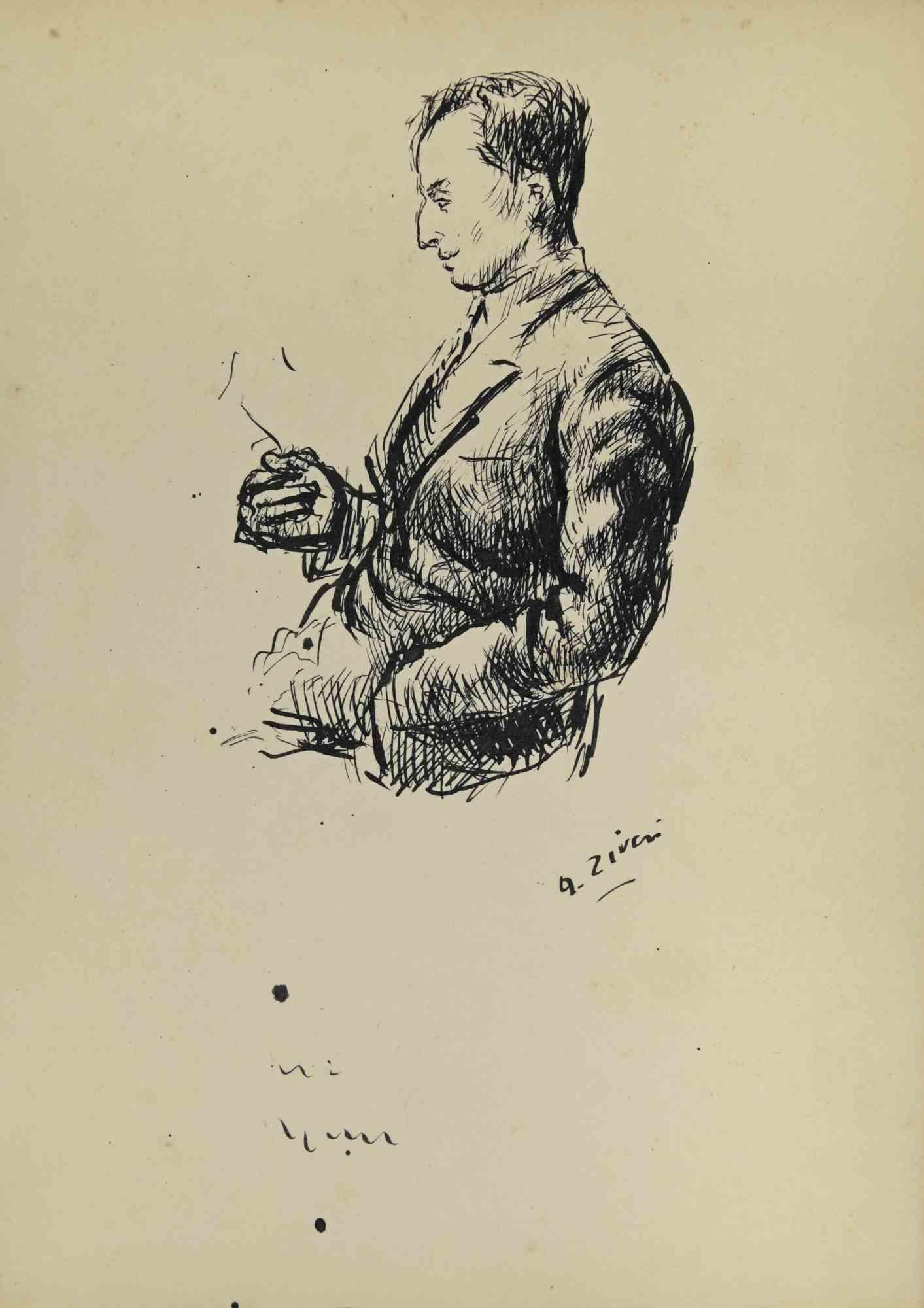 Der Mann ist eine Originalzeichnung von Alberto Ziveri aus den 1930er Jahren.

Tinte auf Papier.

Handsigniert.

In gutem Zustand mit leichten Stockflecken.

Das Kunstwerk wird durch geschickte Striche meisterhaft dargestellt.

Alberto Ziveri (Rom,
